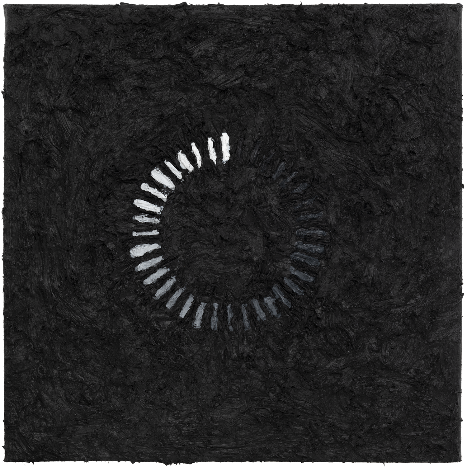 Typology of Waiting, 2020: acrylic painting of an open ring formed by narrow radial bars, translating a rotating digital loader into a textured physical artwork.