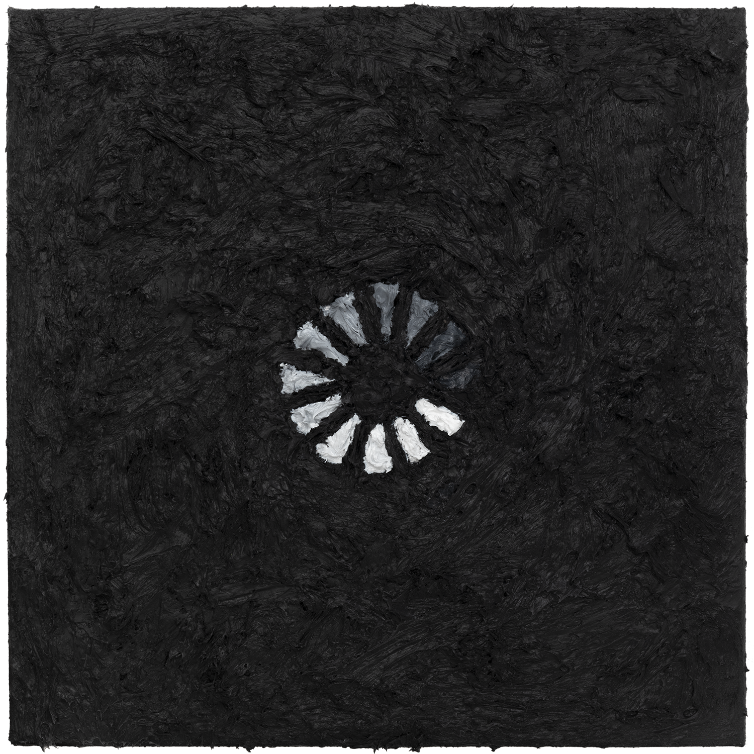 Typology of Waiting, 2020: acrylic painting of a small circular loading icon composed of thick wedge-shaped bars in changing shades of gray and white.