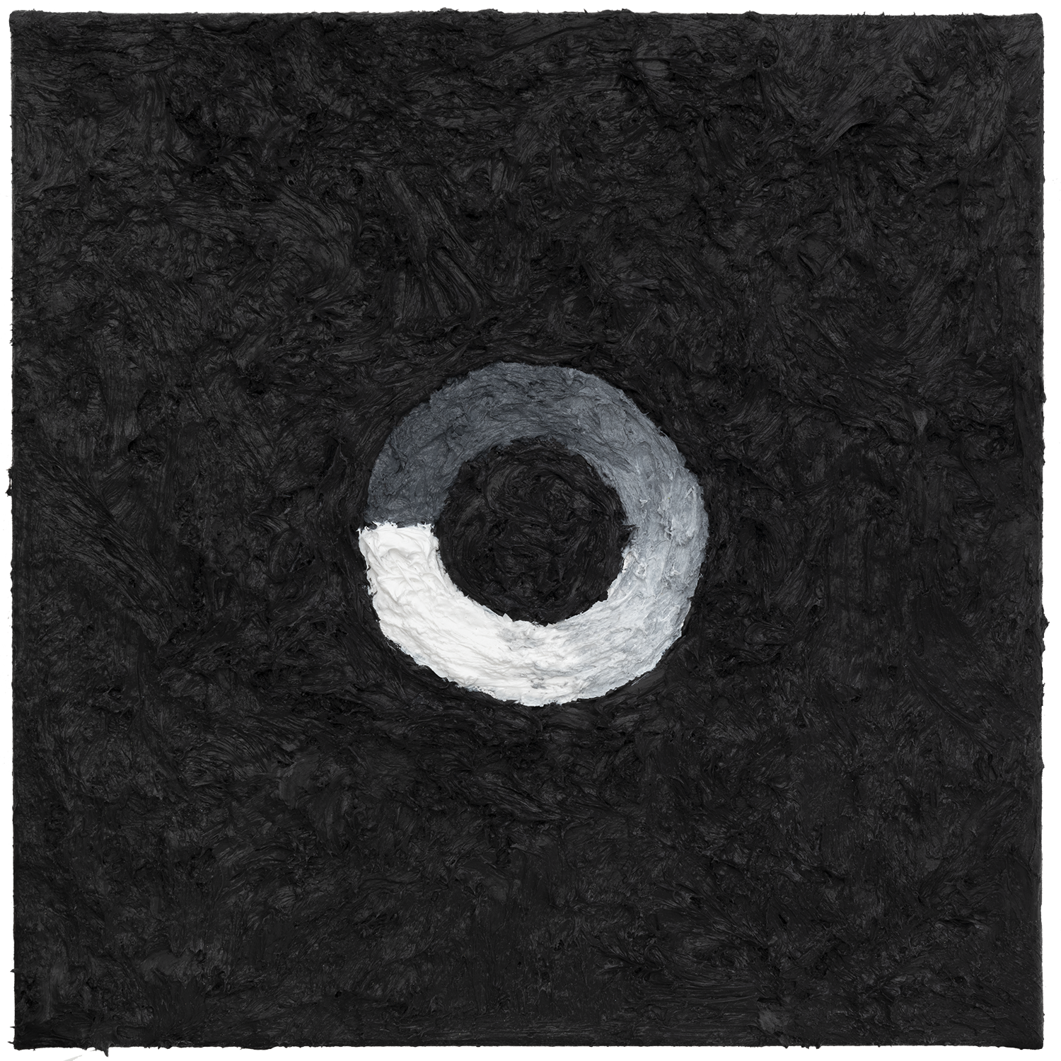 Typology of Waiting, 2020: acrylic painting of a thick, incomplete circular progress ring emerging in white and gray from a heavily textured black surface.