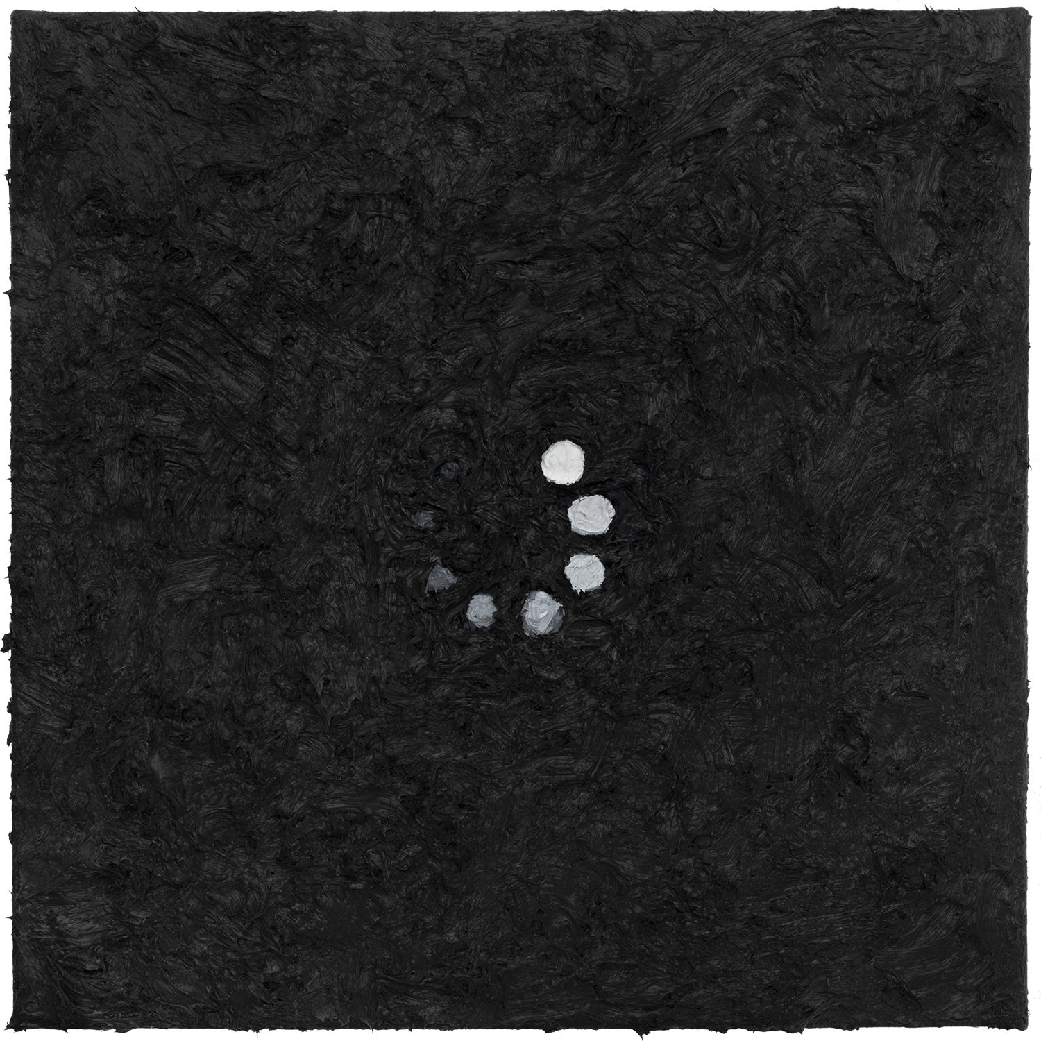 Typology of Waiting, 2020: acrylic painting of a minimal loading symbol composed of six small dots rising through shades of gray to white.
