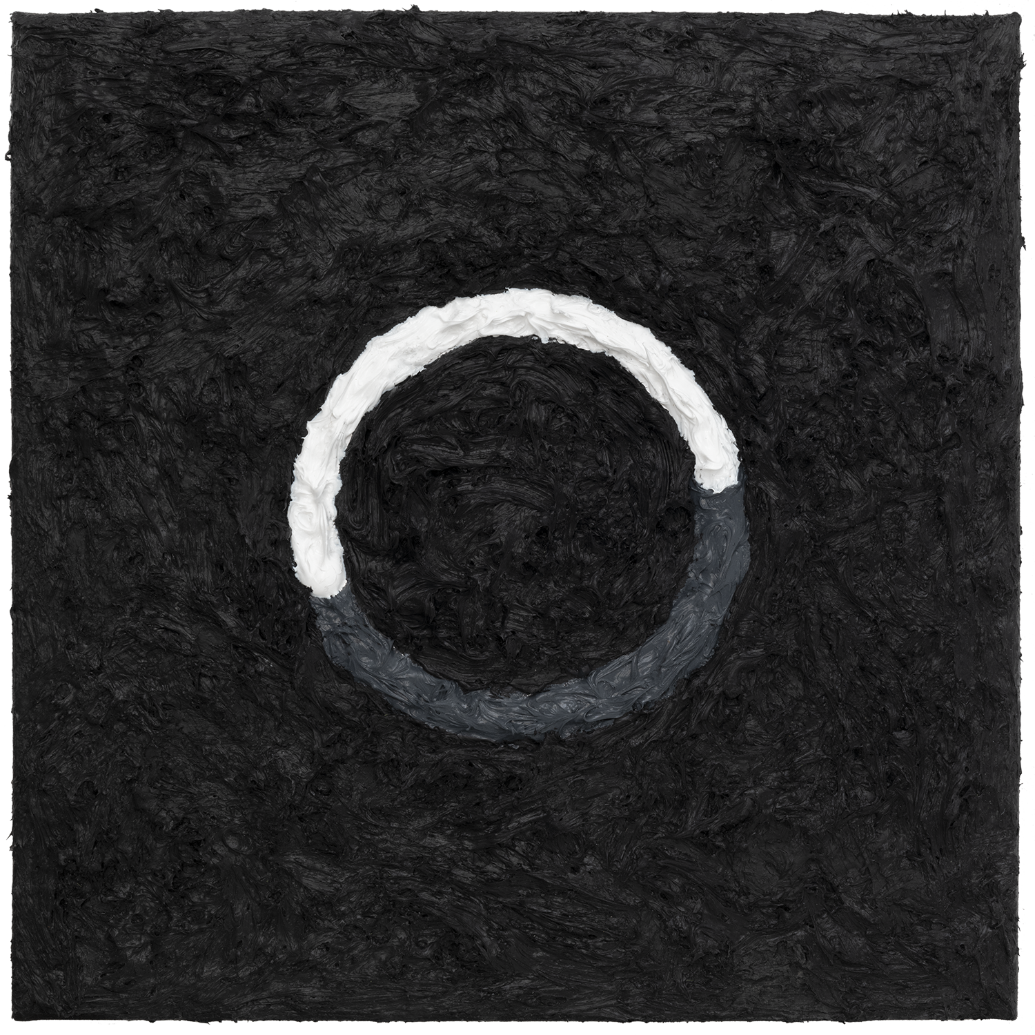 Typology of Waiting, 2020: acrylic painting of a large open circular progress ring in white and gray against a textured black background.
