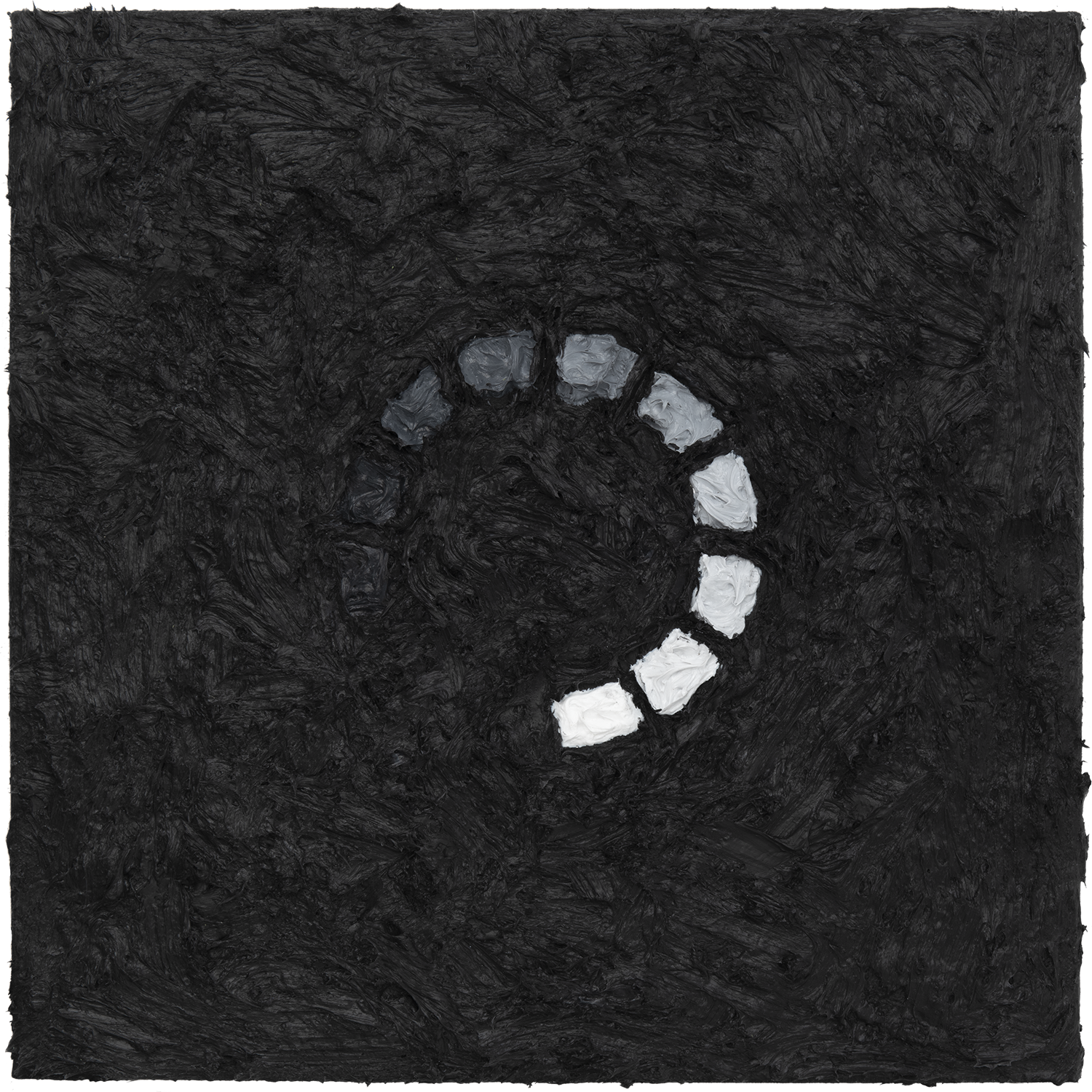 Typology of Waiting, 2020: acrylic painting of a curved chain of rectangular loading segments progressing from dark gray to white.