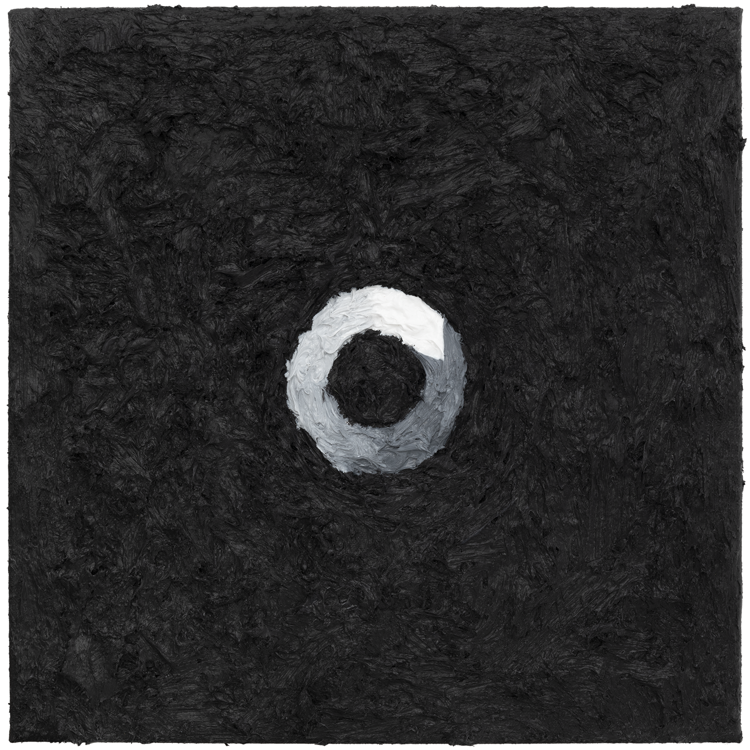 Typology of Waiting, 2020: acrylic painting of a small two-tone circular loading icon, rendered as a textured white-and-gray ring on black.