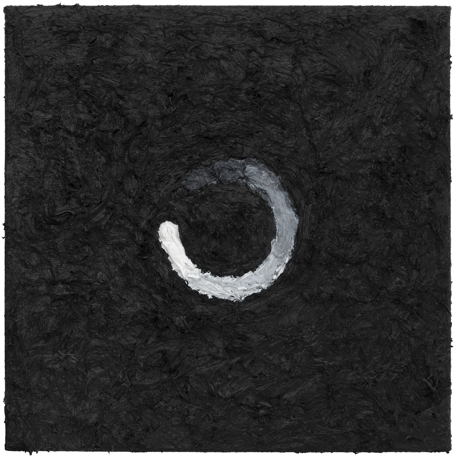Typology of Waiting, 2020: acrylic painting of an incomplete circular loading stroke fading between dark gray and white on a textured black surface.