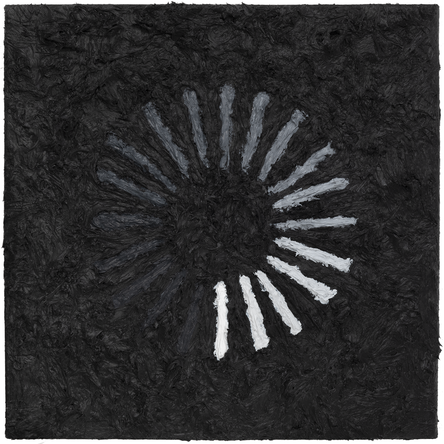 Typology of Waiting, 2020: acrylic painting of a large spiral loader formed by many radial bars progressing from black through gray to white.