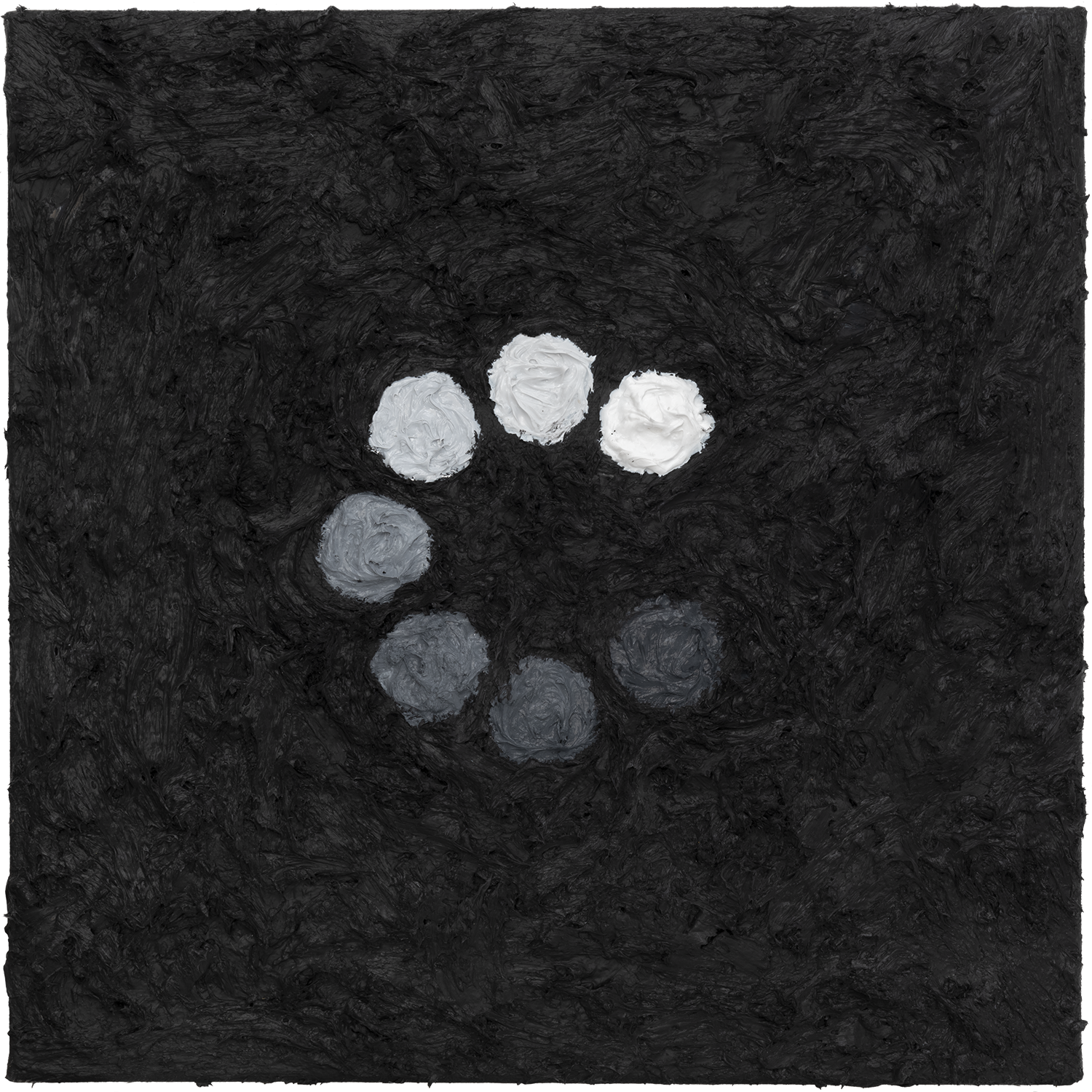 Typology of Waiting, 2020: acrylic painting of a circular loading symbol made from seven thick textured dots fading from dark gray to white.