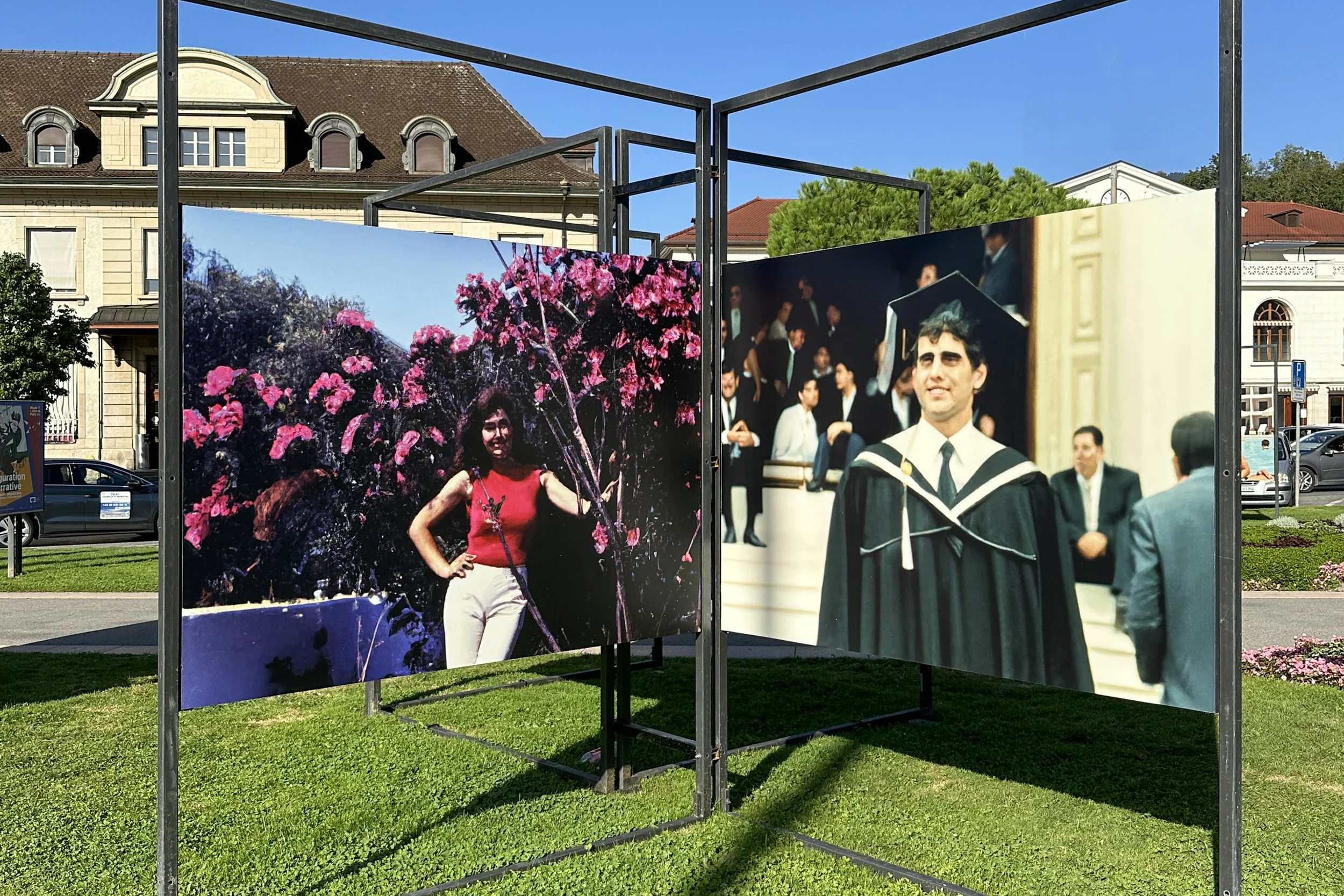 Wide installation view of Imagined Images at Images Vevey 2024, presenting an AI-generated missing family album across multiple outdoor panels.