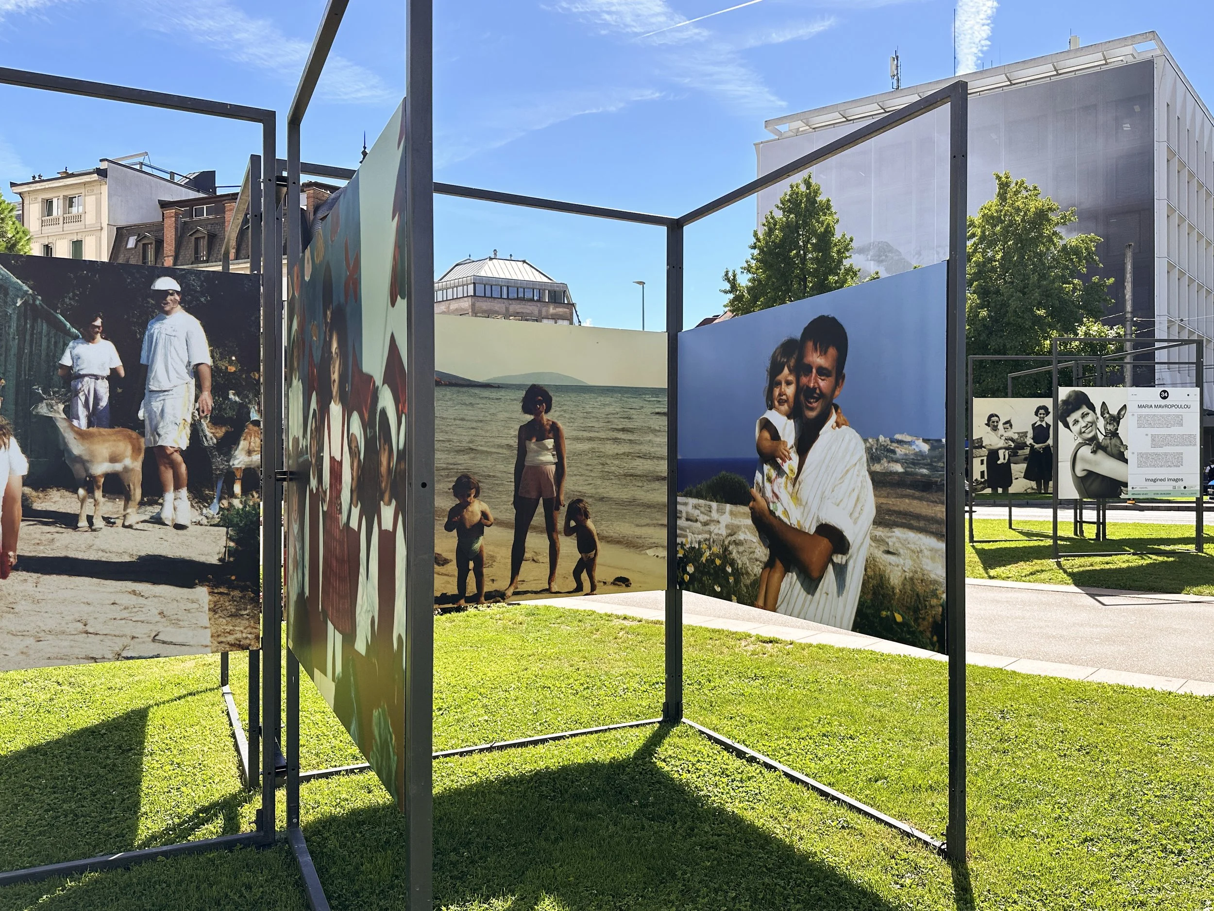 Walk-through view of Imagined Images at Images Vevey 2024, where reconstructed family photographs form an open-air missing family album.