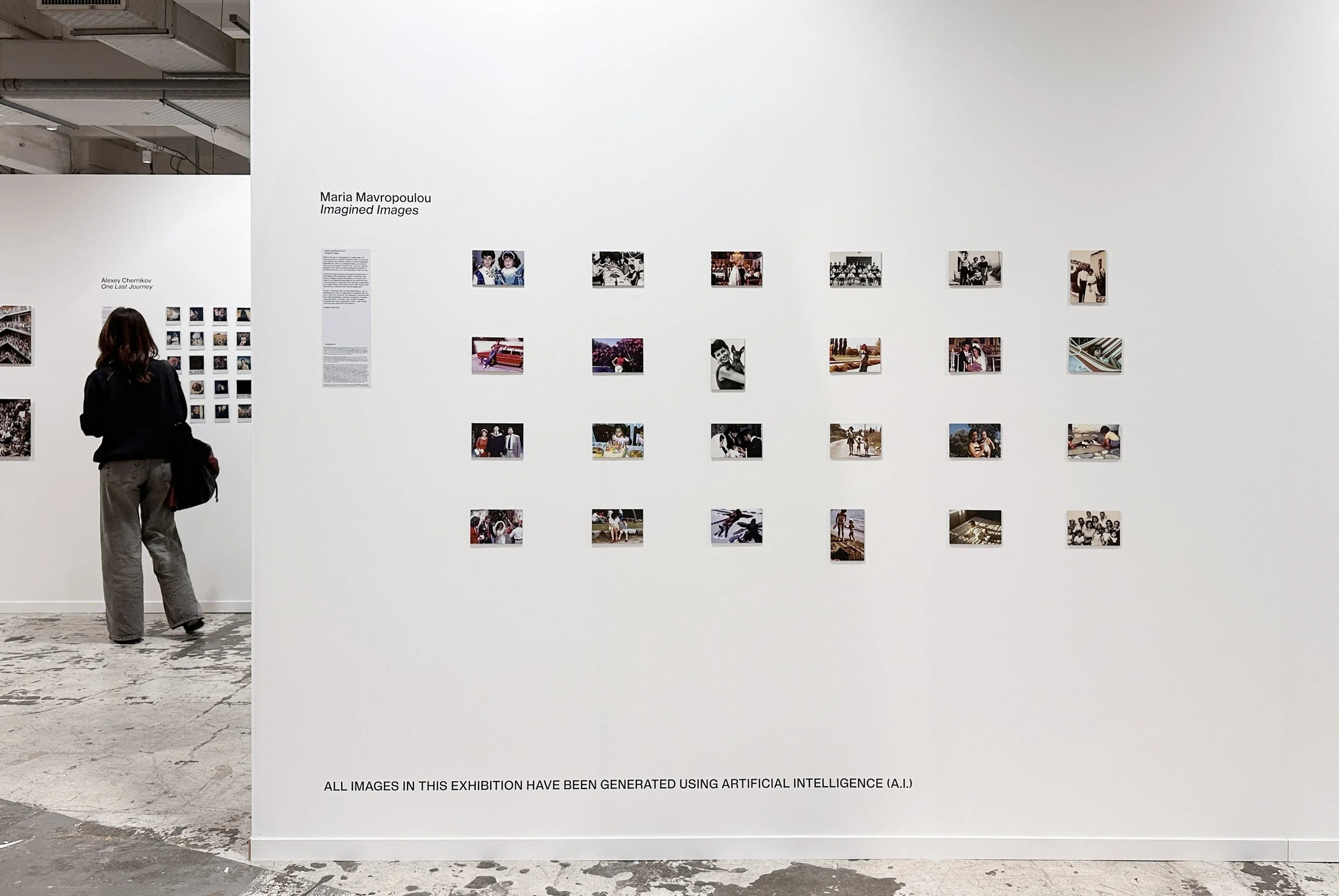 Installation view of Imagined Images at Photo Vogue Festival, BASE Milan in 2023, presenting synthetic family photographs about memory and migration.