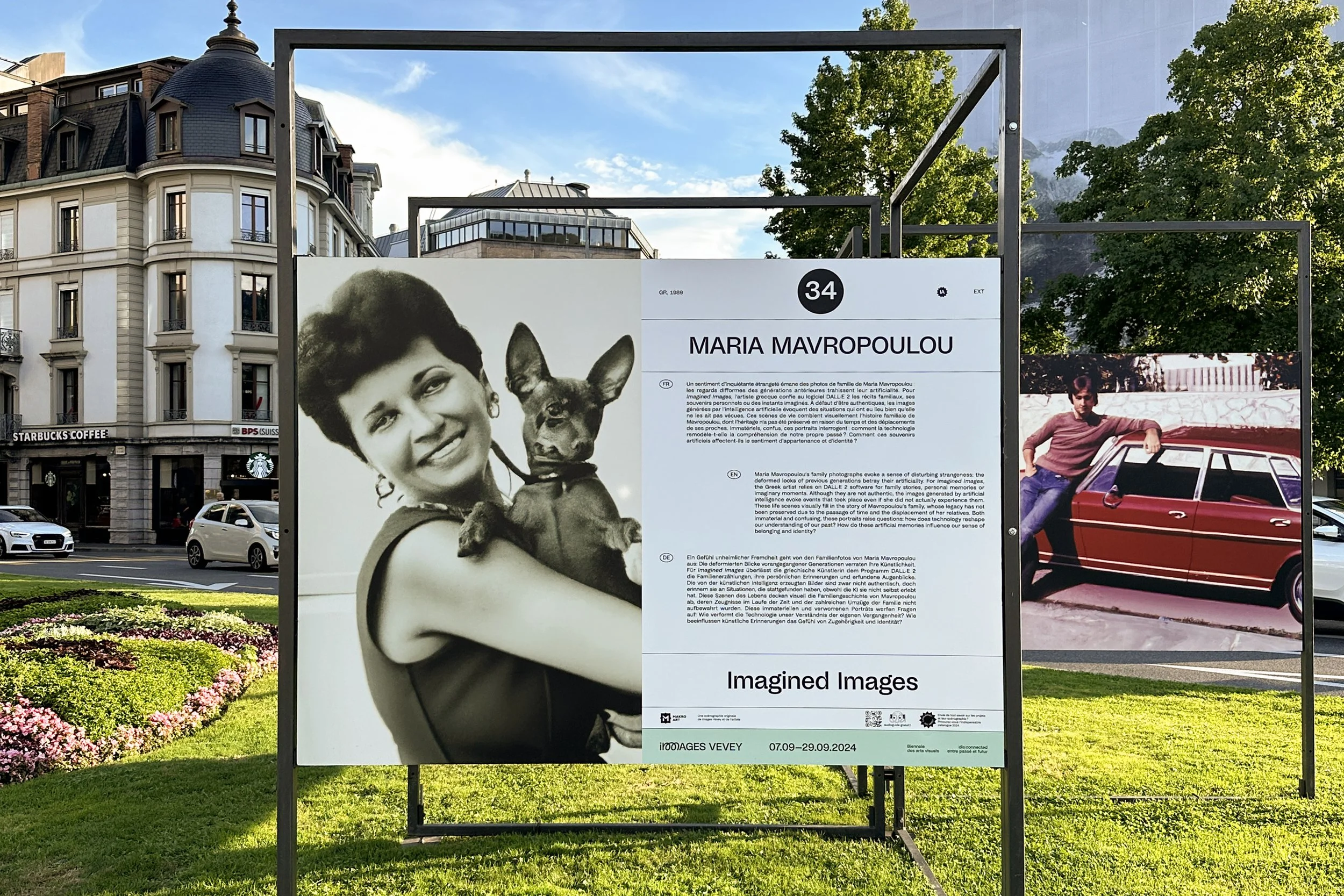 Outdoor installation of Imagined Images at Images Vevey 2024, with AI-generated family portraits displayed on freestanding metal frames in the city.