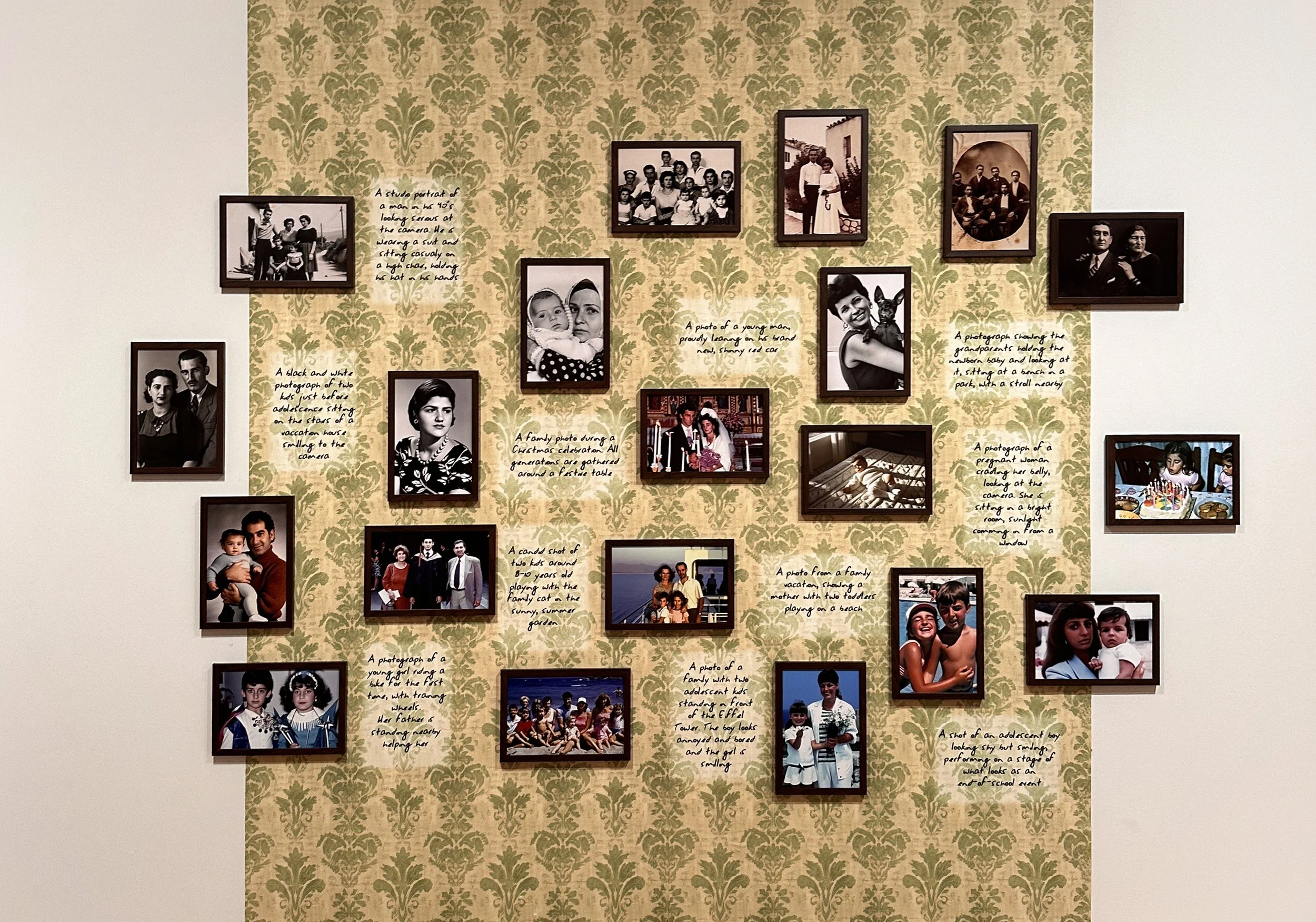 Installation view of Imagined Images at Athens Photo Festival, Benaki Museum in 2024, displaying generative-AI reconstructions of a missing family album.