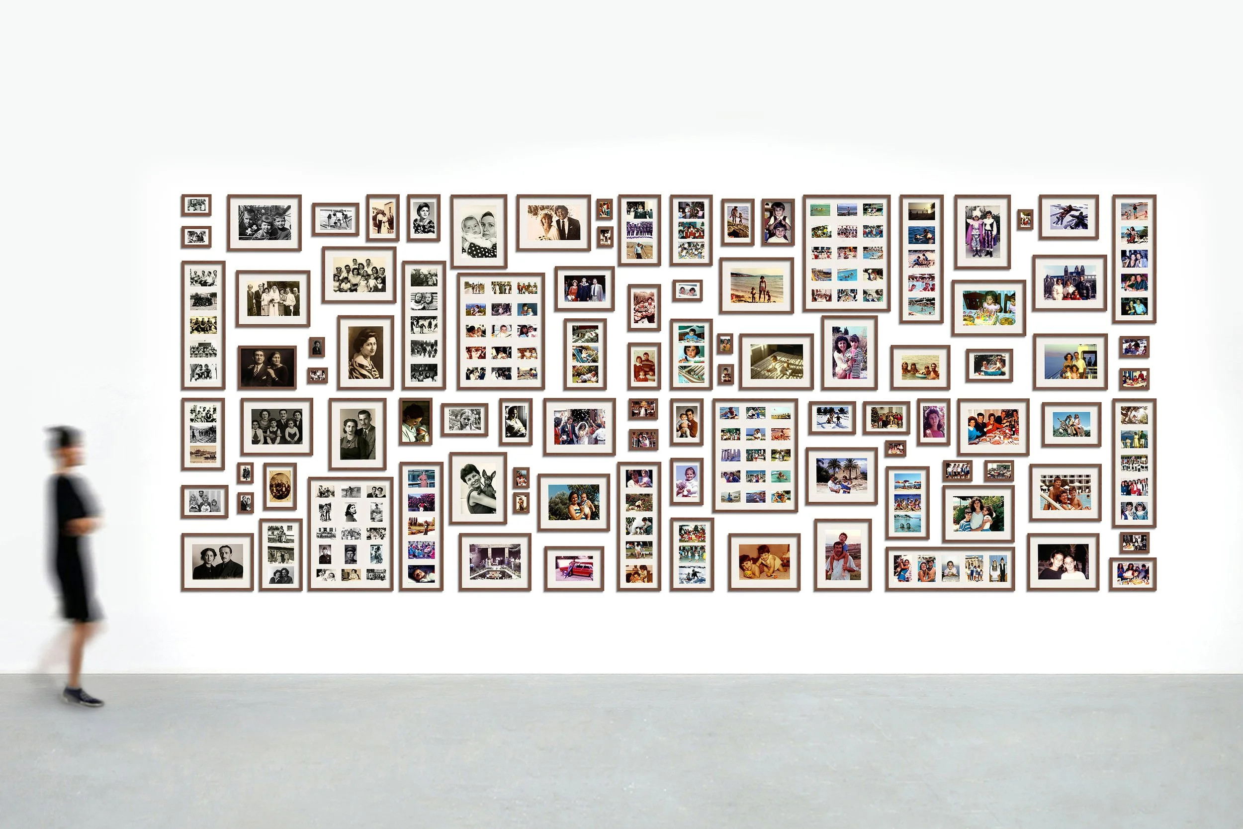 Architectural installation proposal for Imagined Images, arranging AI-generated family photographs as a spatial reconstruction of Maria Mavropoulou’s missing family album.