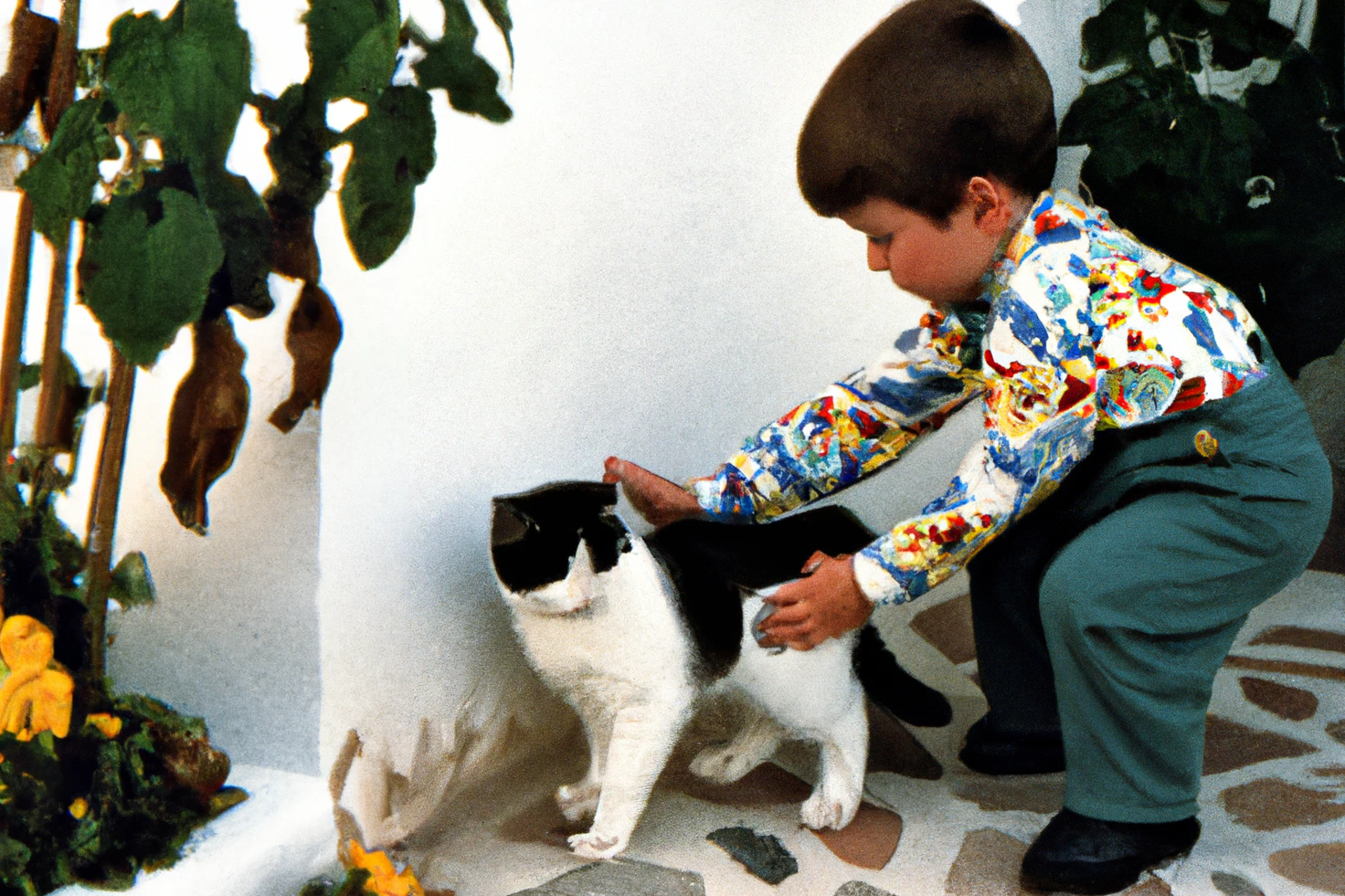 AI-generated A toddler playing with a cat, Greece, 1990s, from Imagined Images, recreating a missing family album and reframing personal memory through generative AI.