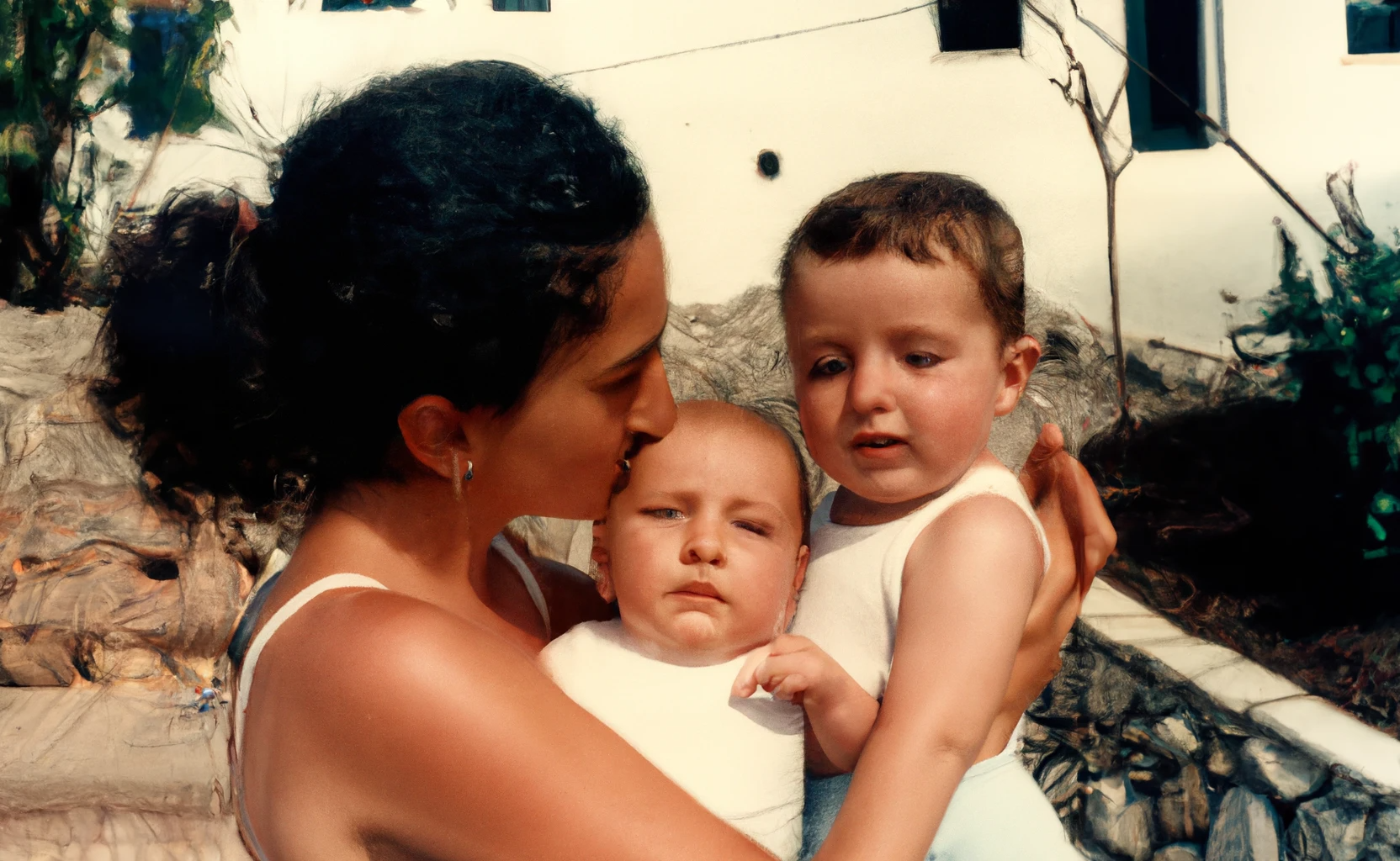 AI-generated A mother holding her both babies in her hug, summer, Greece, 1990s, from Imagined Images, recreating a missing family album and reframing personal memory through generative AI.