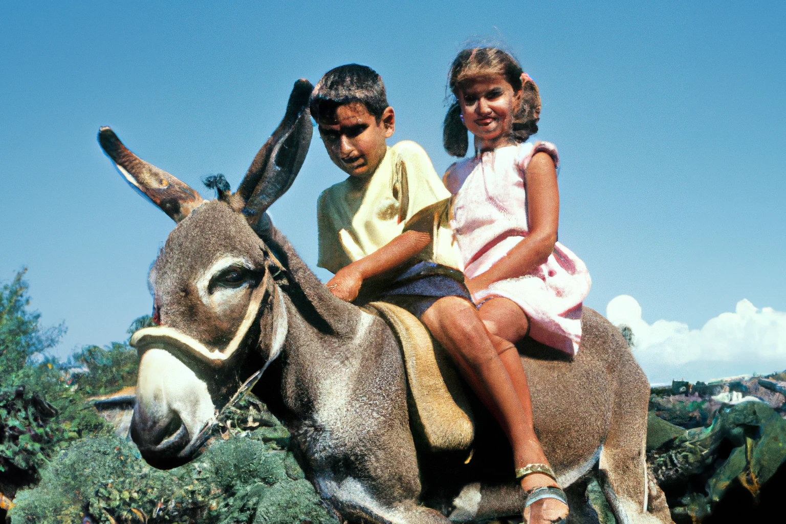 AI-generated Kid riding a donkey, Greece, 1990s, from Imagined Images, recreating a missing family album and reframing personal memory through generative AI.