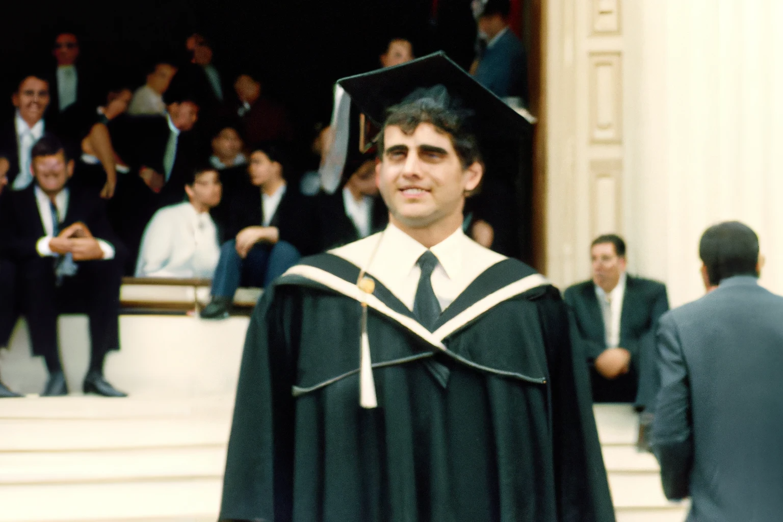 AI-generated A young man at a graduating ceremony from a university in Athens, from Imagined Images, recreating a missing family album through AI, migration and intergenerational memory.