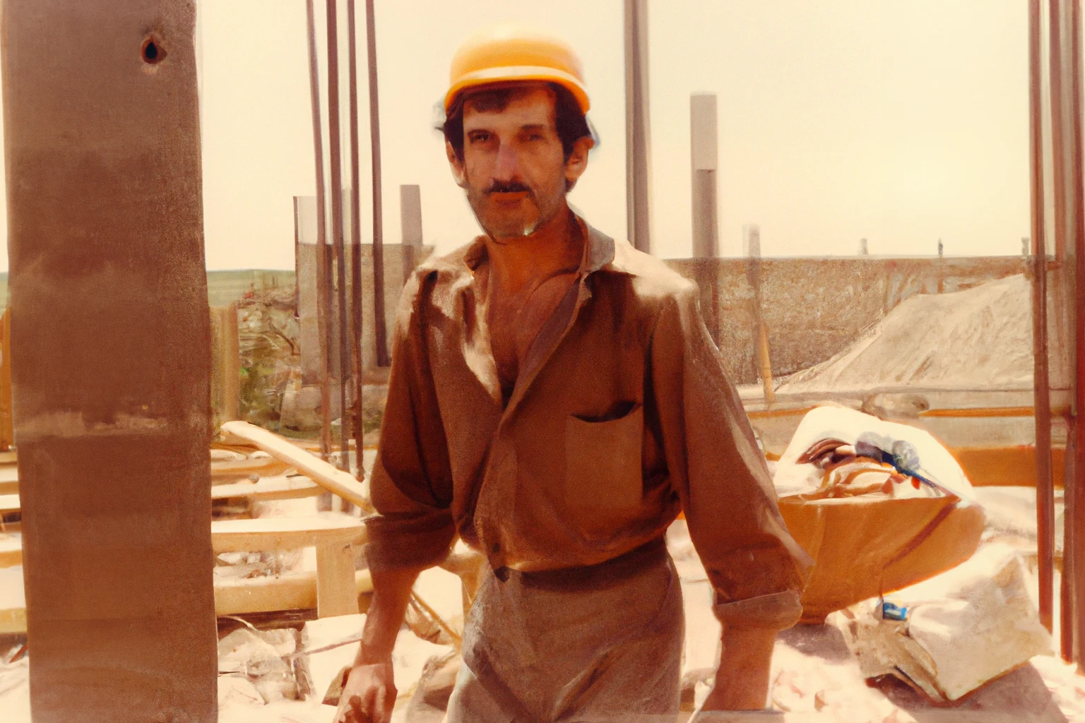 AI-generated A man in his forties, working as a building constructor in Uzbekistan, from Imagined Images, recreating a missing family album through AI, migration and intergenerational memory.