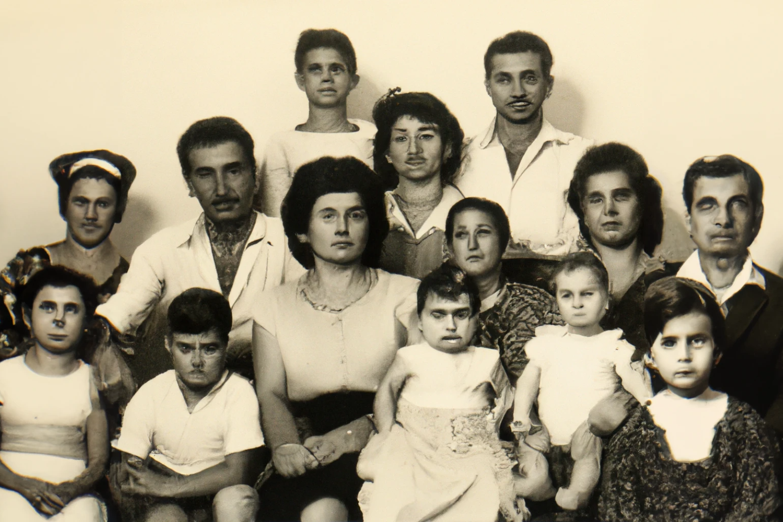 AI-generated A big family portrait Greece 1960s, from Imagined Images, recreating a missing family album through AI, migration and intergenerational memory.