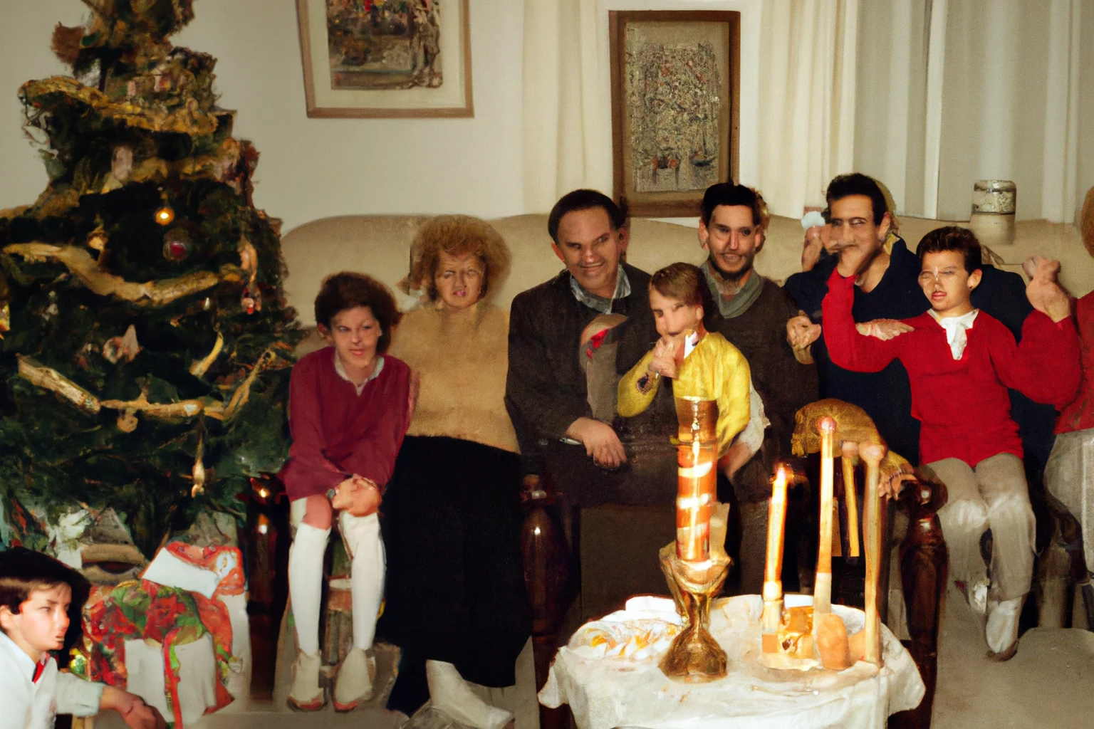 AI-generated Christmas celebration at home Athens Greece 1990s, from Imagined Images, recreating a missing family album and reframing family rituals through generative AI.