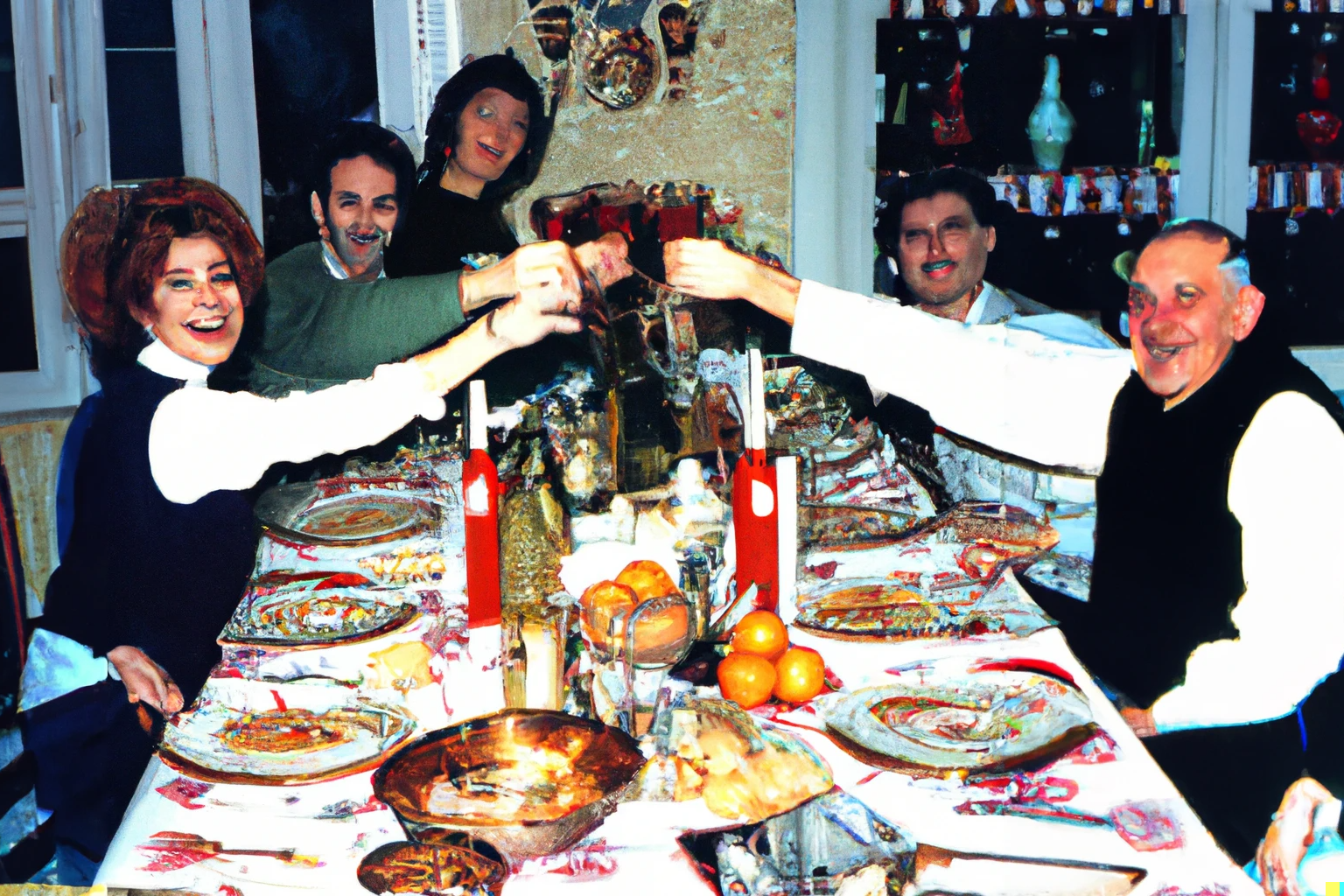 AI-generated A Christmas family dinner, cheers moment Greece 1990s, from Imagined Images, recreating a missing family album and reframing family rituals through generative AI.