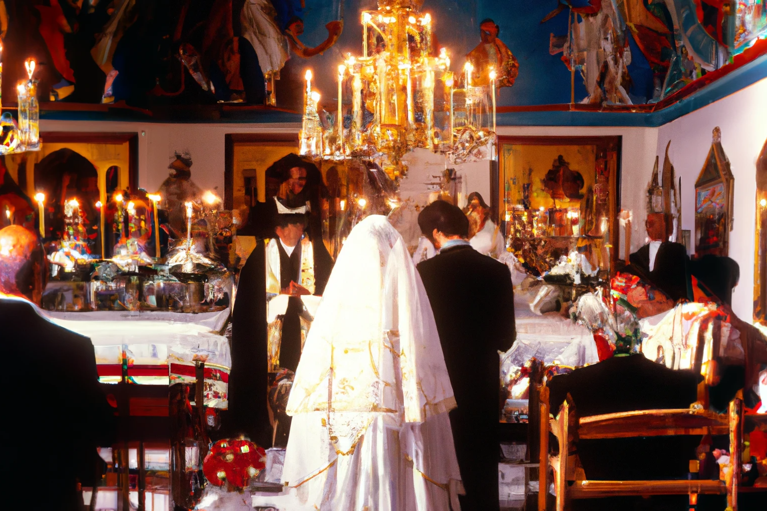 AI-generated A lush wedding in an orthodox church in Greece 1990s, from Imagined Images, recreating a missing family album through AI, migration and intergenerational memory.