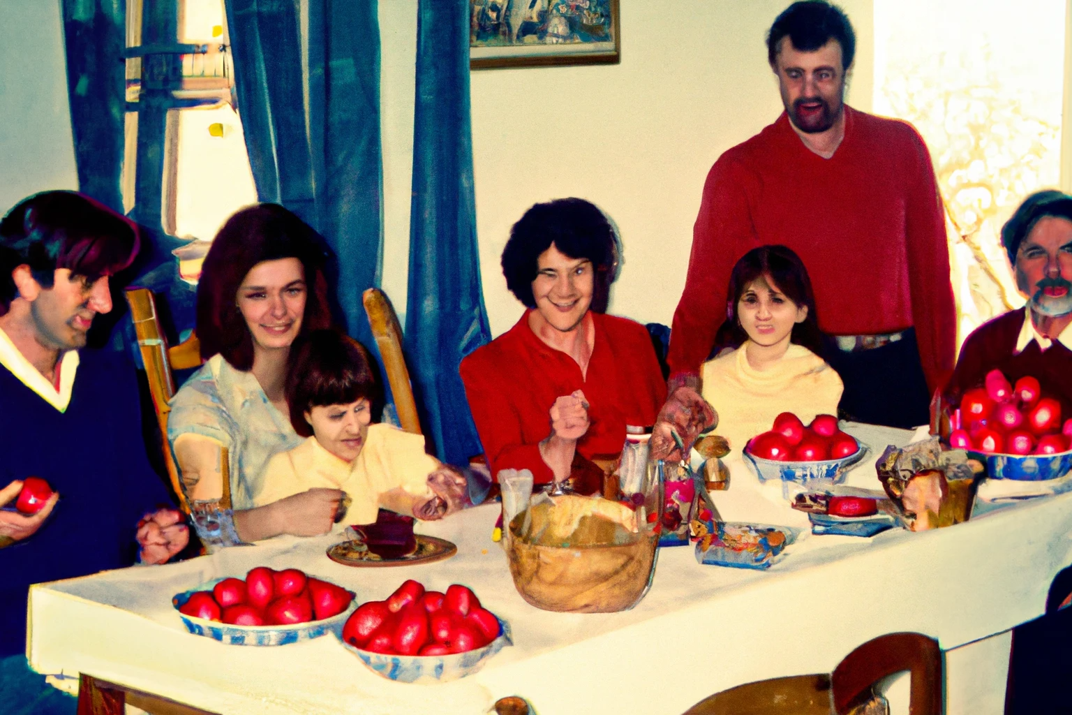 AI-generated Easter celebration of a family around a table with red eggs at hand, from Imagined Images, recreating a missing family album and reframing family rituals through generative AI.