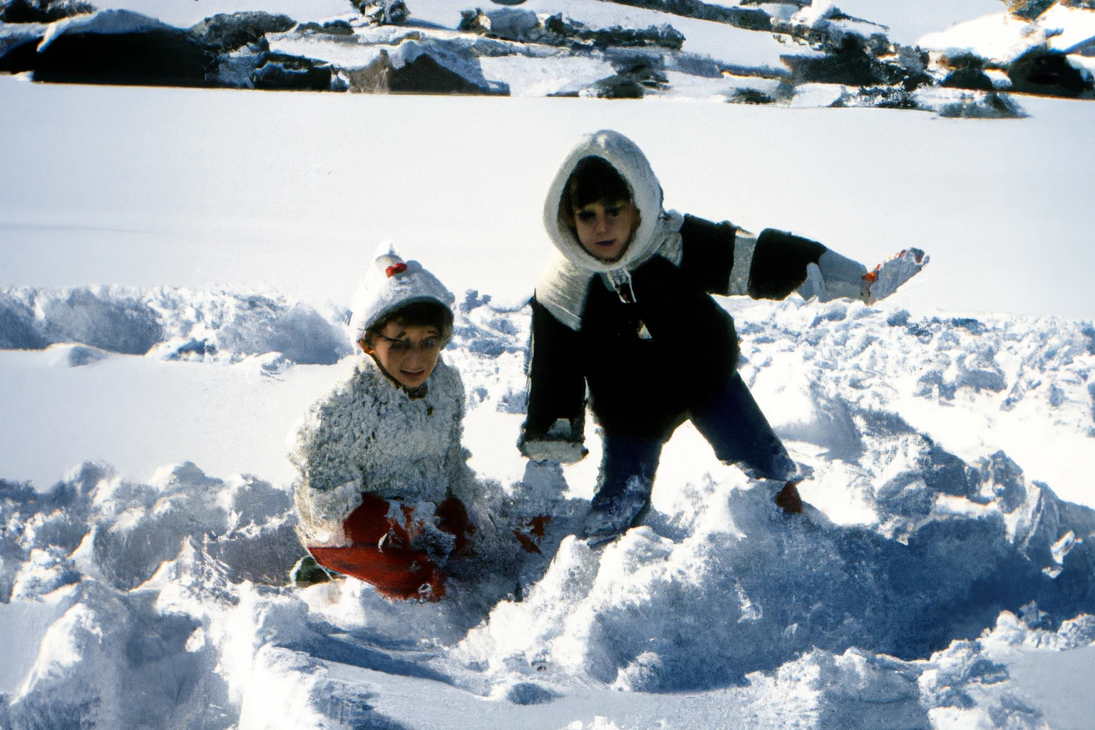 AI-generated Two kids playing in the snow, Greece, 1990s, from Imagined Images, recreating a missing family album and reframing personal memory through generative AI.