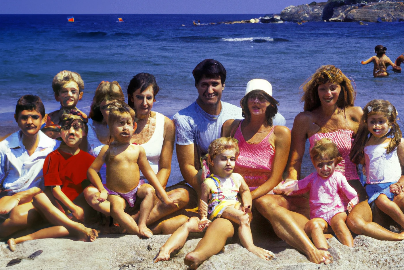 AI-generated A big family at the beach, summer, Greece, 1990s, from Imagined Images, recreating a missing family album and reframing personal memory through generative AI.