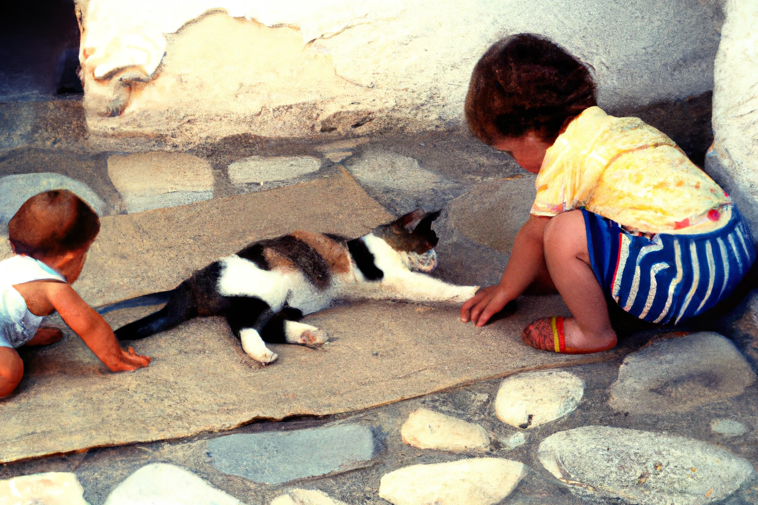 AI-generated A toddler playing with a cat, Greece, 1990s, from Imagined Images, recreating a missing family album and reframing personal memory through generative AI.