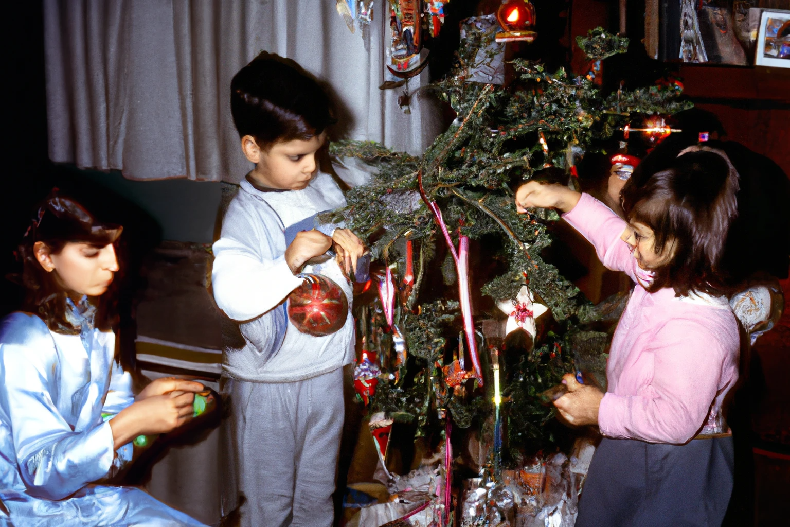 AI-generated A girl and a boy decorating a Christmas tree, Greece, 1990s, from Imagined Images, recreating a missing family album and reframing family rituals through generative AI.