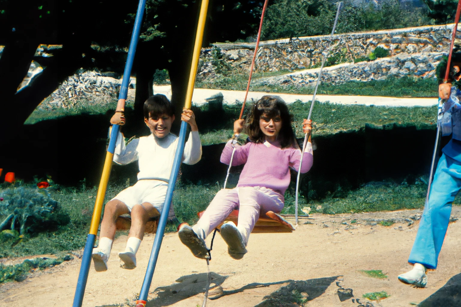 AI-generated Kids playing on a swing Greece 1990s, from Imagined Images, recreating a missing family album and reframing personal memory through generative AI.