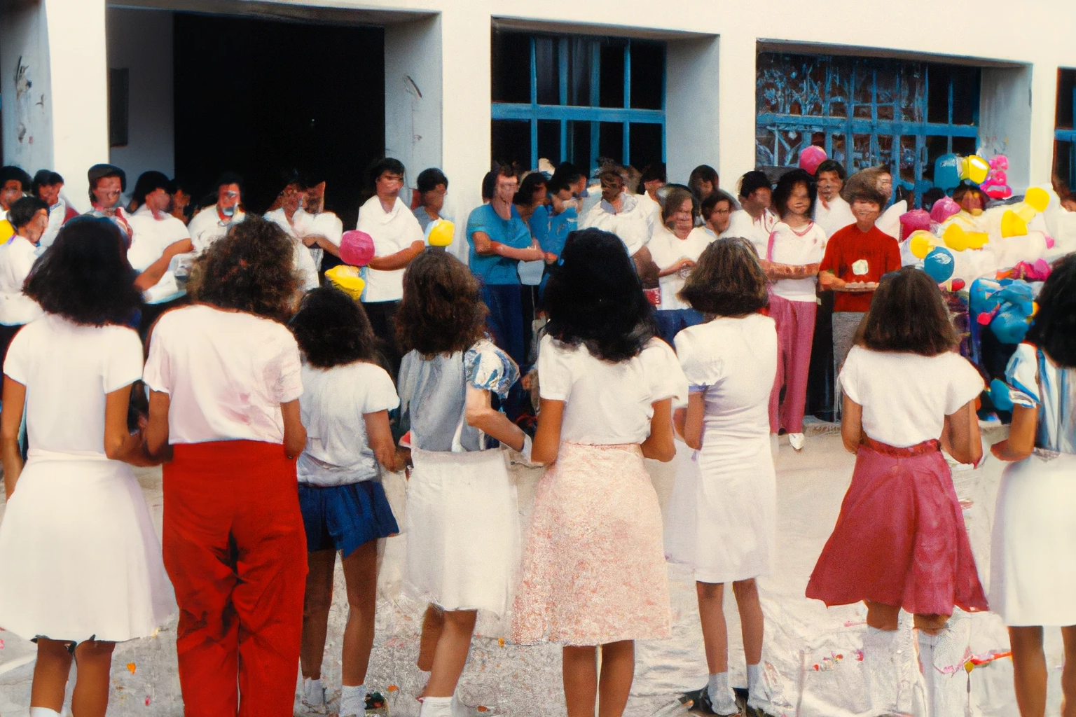 AI-generated End of the year celebration at school, Greece, 1990s, from Imagined Images, recreating a missing family album and reframing family rituals through generative AI.