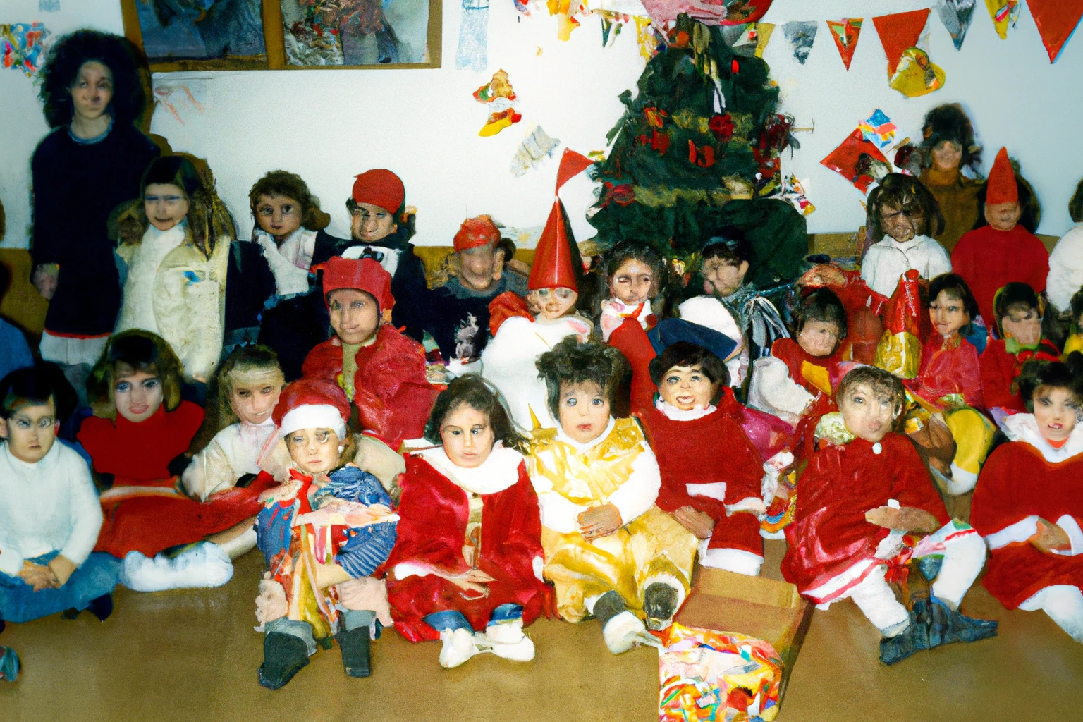 AI-generated A kindergarten Christmas fest, Greece, 1990s, from Imagined Images, recreating a missing family album and reframing family rituals through generative AI.