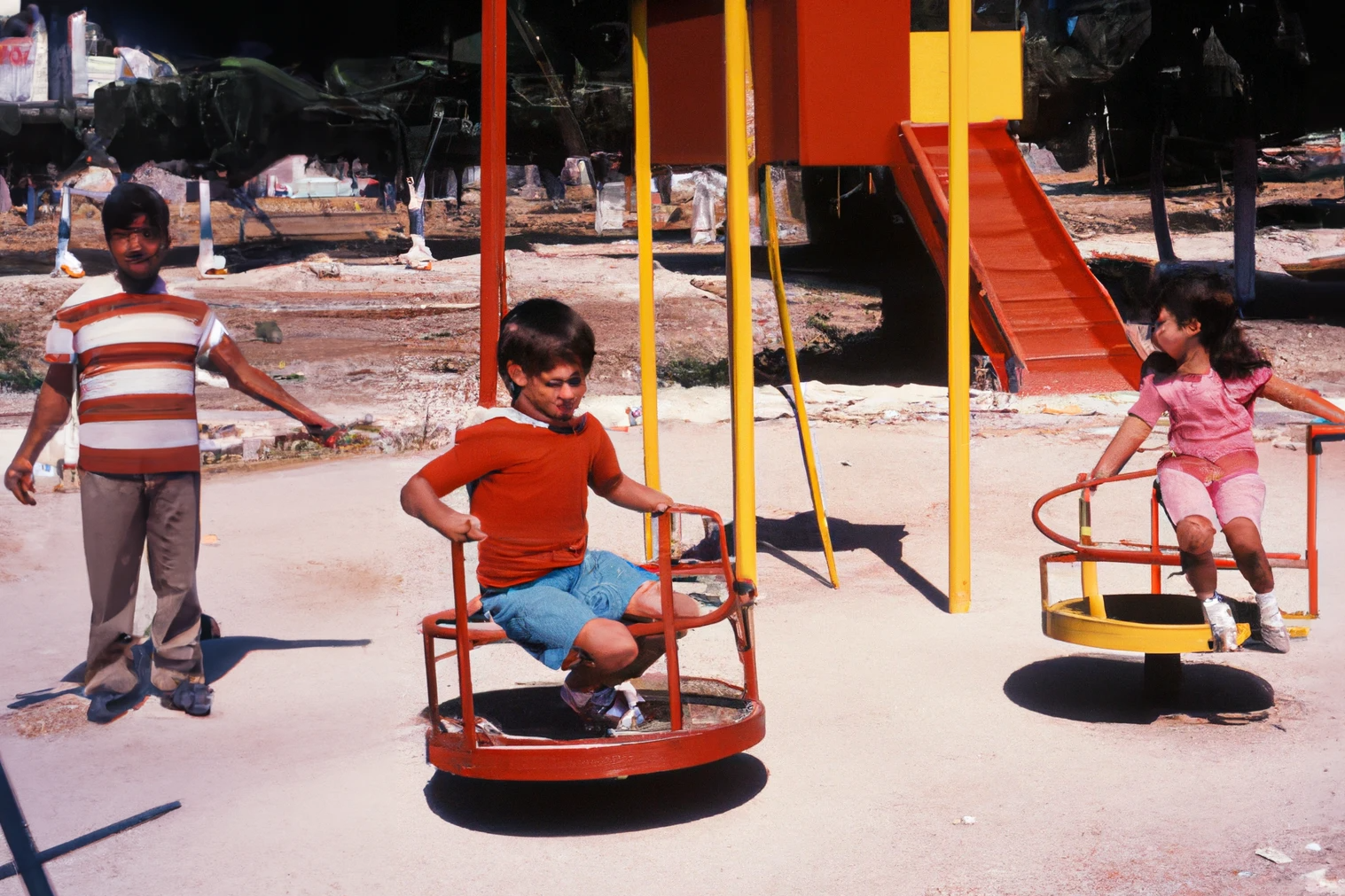 AI-generated Kids playing in a playground Greece 1990s, from Imagined Images, recreating a missing family album and reframing personal memory through generative AI.