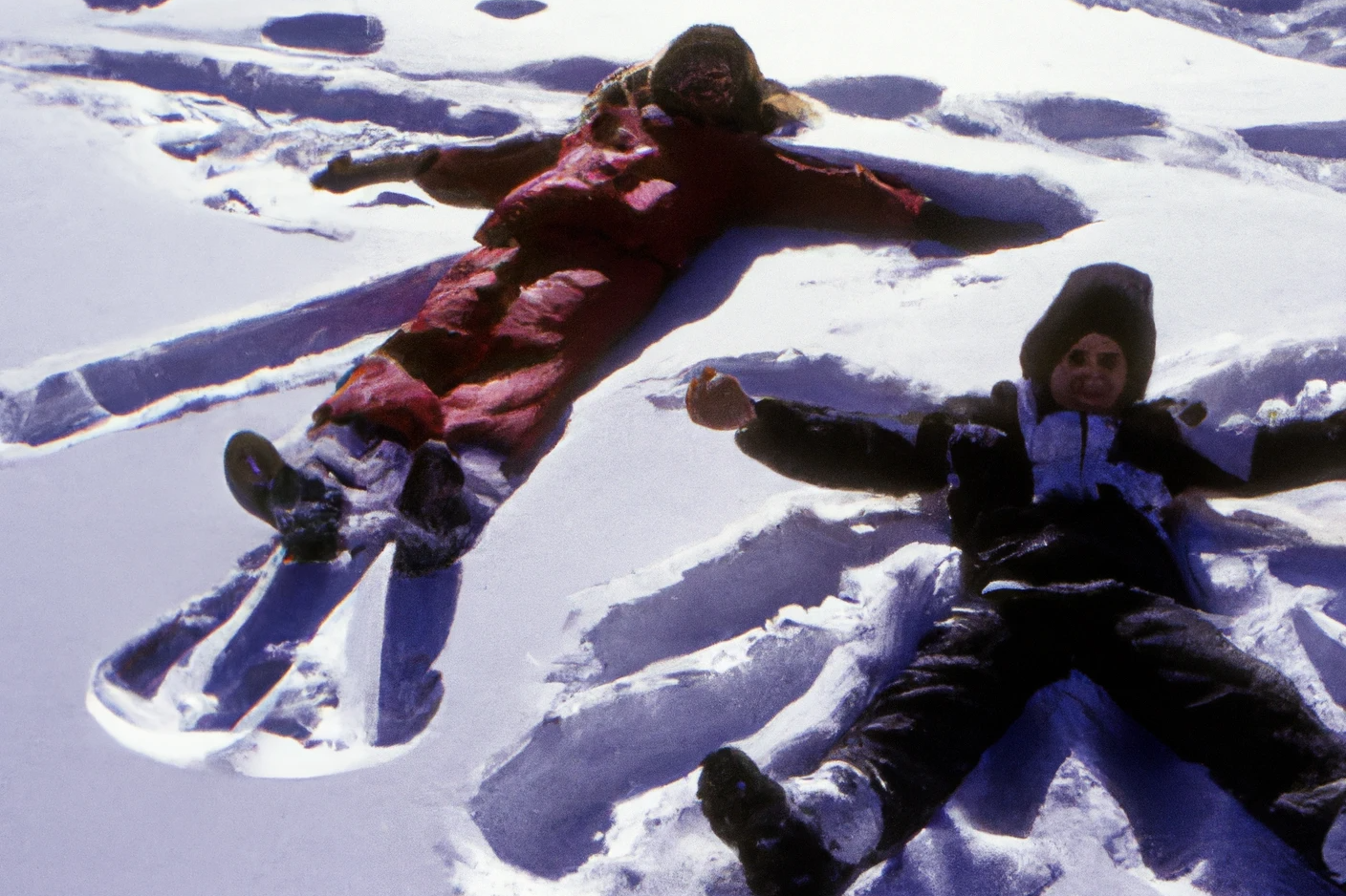 AI-generated Two kids making angels in the snow, sunny, Greece, 1990s, from Imagined Images, recreating a missing family album and reframing personal memory through generative AI.