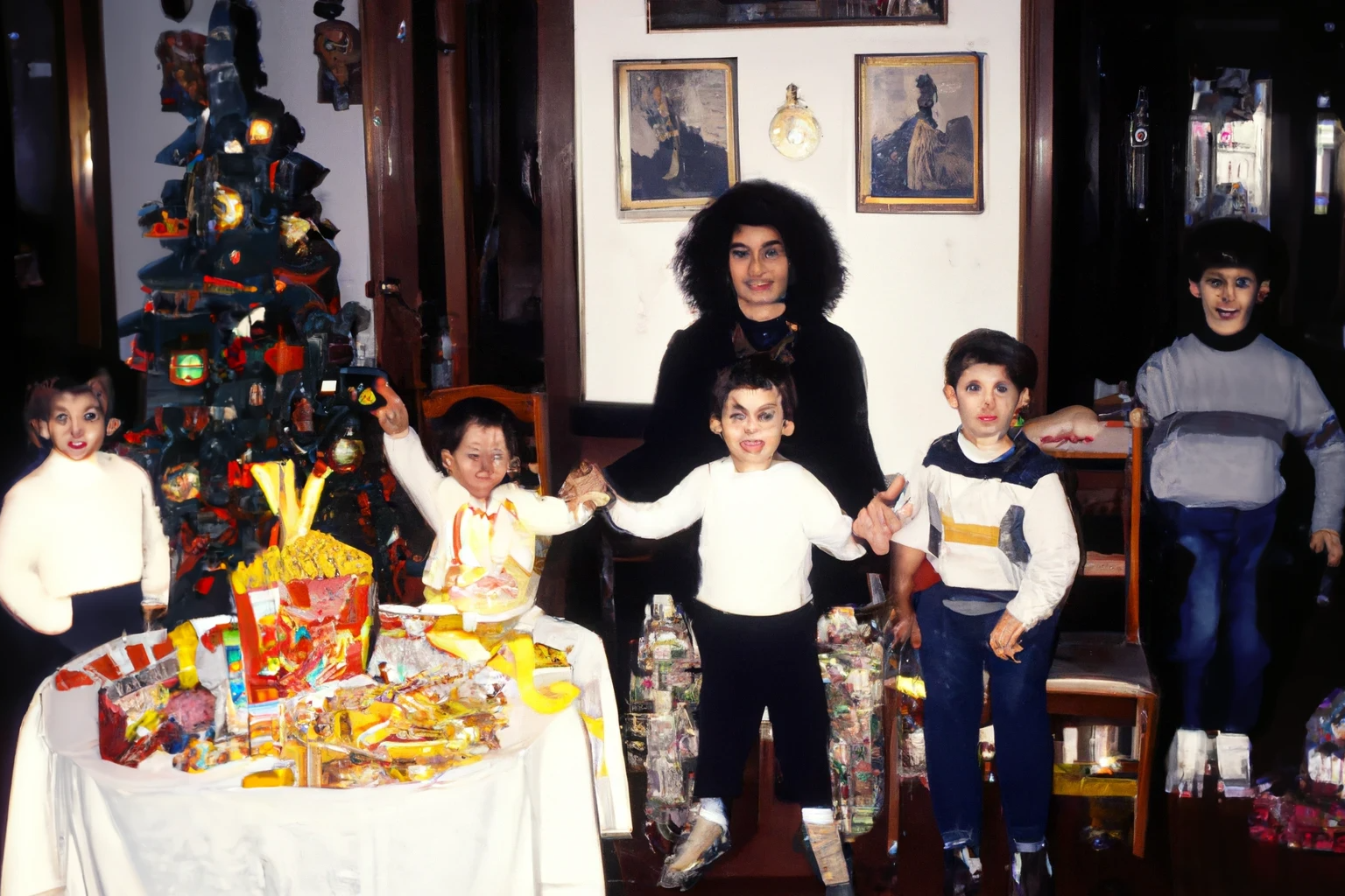 AI-generated Christmas celebration at home Athens Greece 1990s, from Imagined Images, recreating a missing family album and reframing family rituals through generative AI.