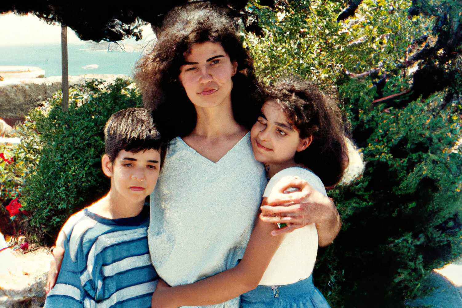 AI-generated A mother holding her both kids in her hug, summer, Greece, 1990s, from Imagined Images, recreating a missing family album and reframing personal memory through generative AI.