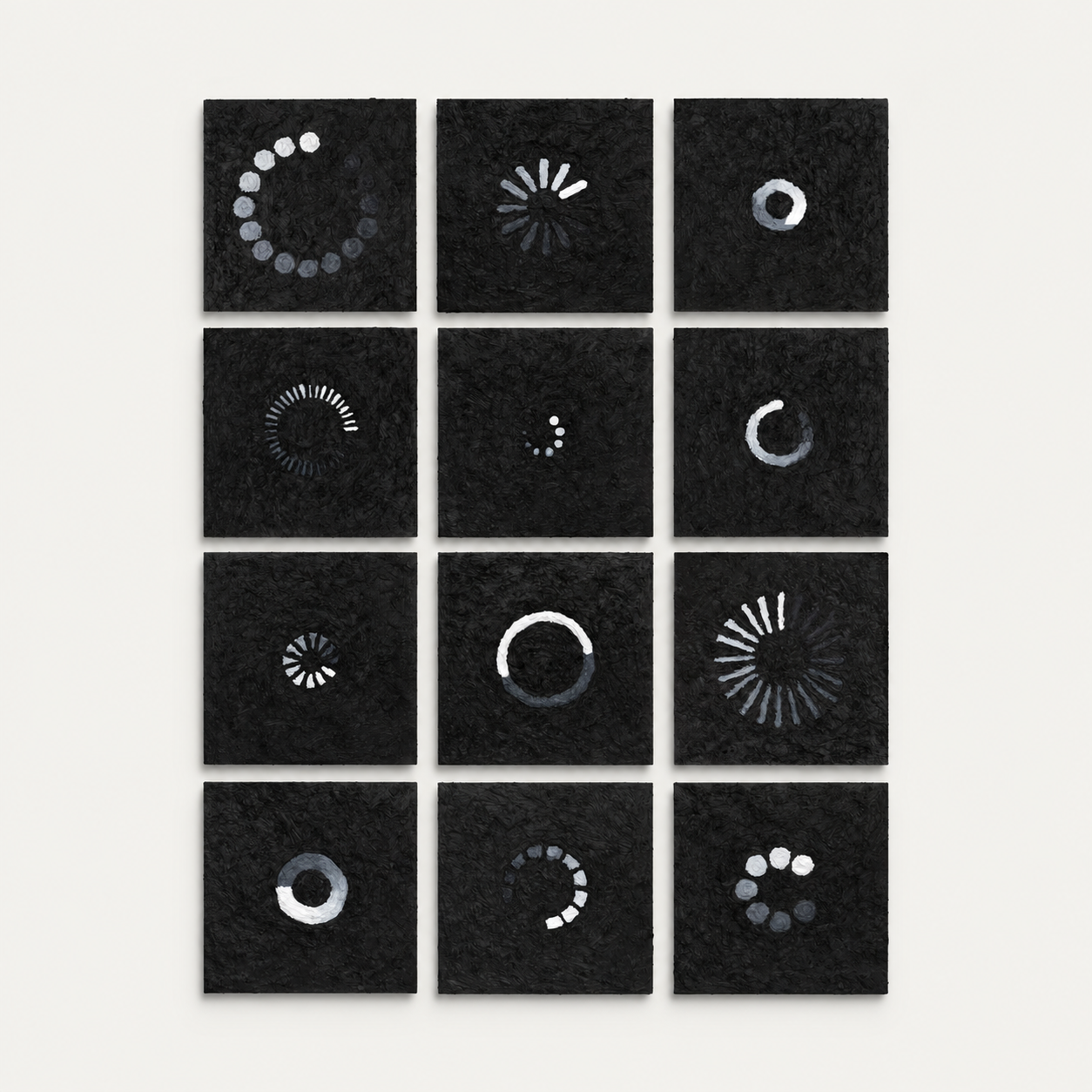 Typology of Waiting, twelve black canvases painted with loading symbols, available through Artsy.