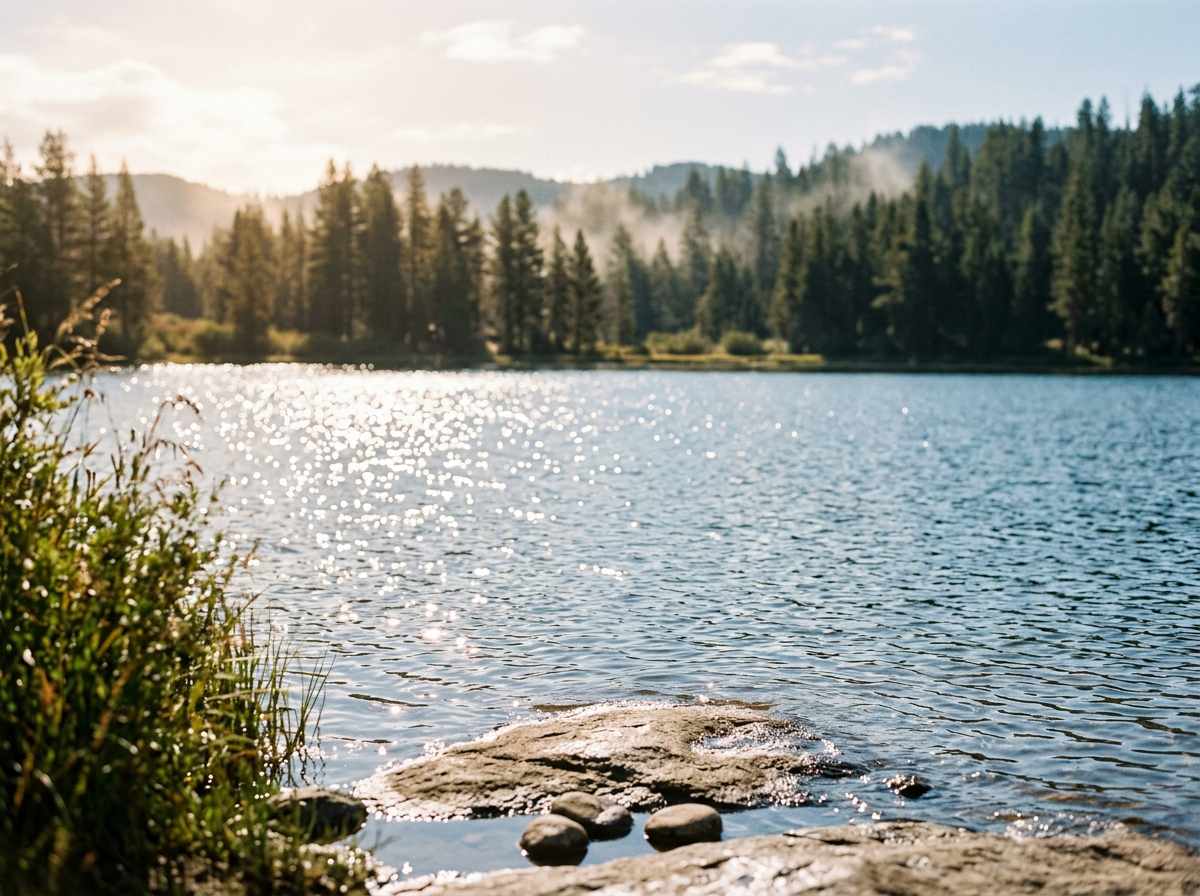 A scenic view of a lake surrounded by pine trees with sunlight reflecting off the water, and a rocky shoreline with small stones and green bushes in the foreground.