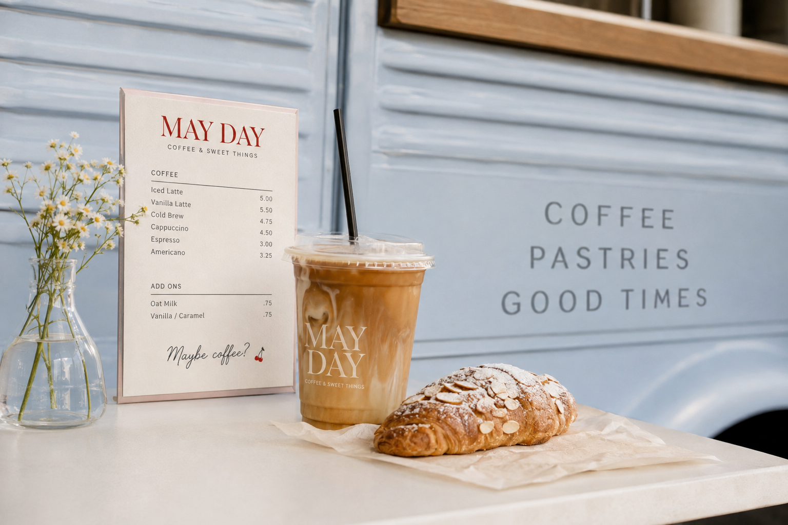 A menu sign for May Day coffee shop displaying drink options and prices, a iced coffee drink in a plastic cup with a straw, a almond croissant dusted with powdered sugar on parchment paper, a small vase with daisies, and a large sign with the words 'Coffee Pastries Good Times' in front of a light blue food truck or stand.