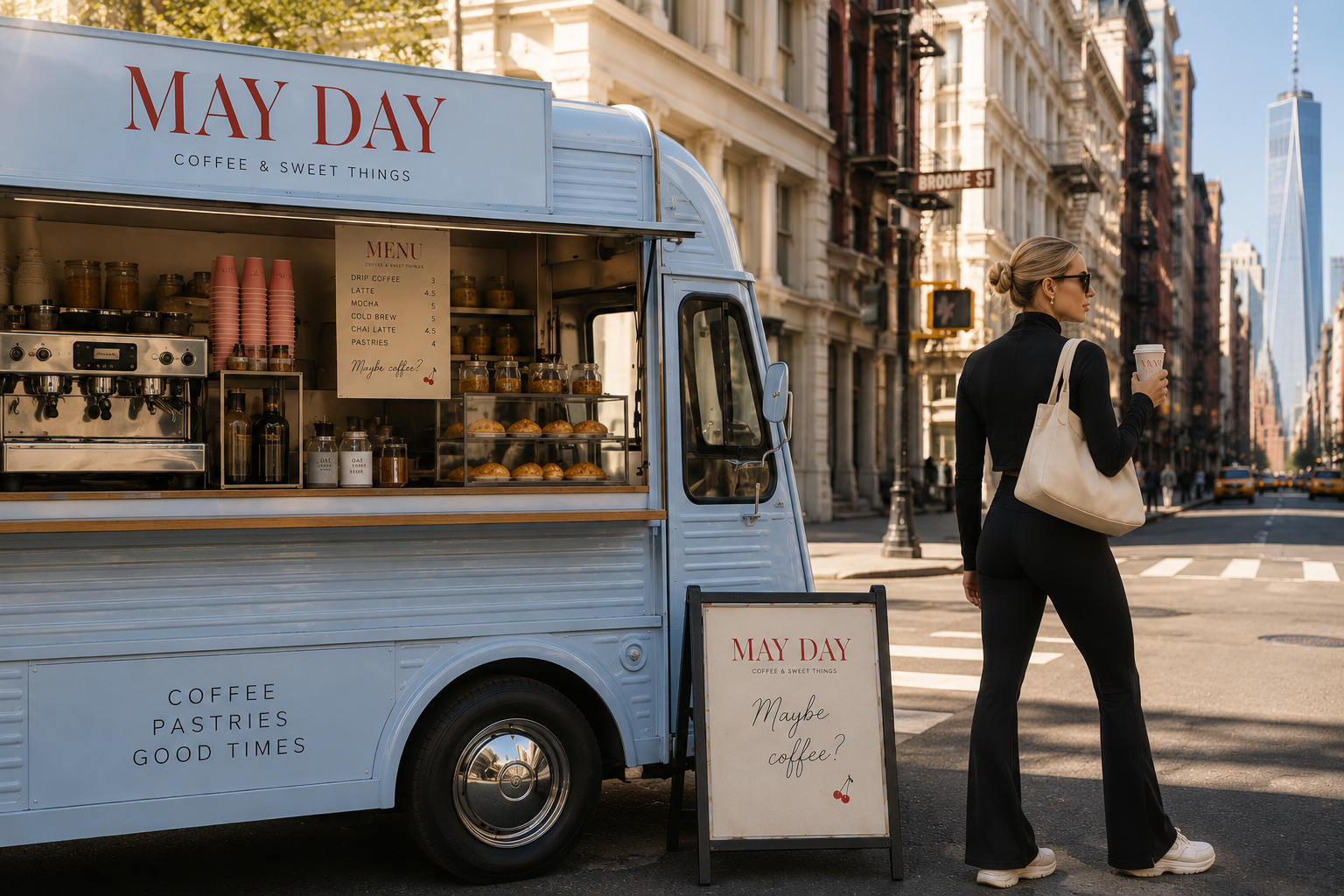 A woman in black clothing with sunglasses and a beige bag is standing on the street, holding a coffee cup, near a light blue food truck named 'May Day' that sells coffee, pastries, and other sweet treats.