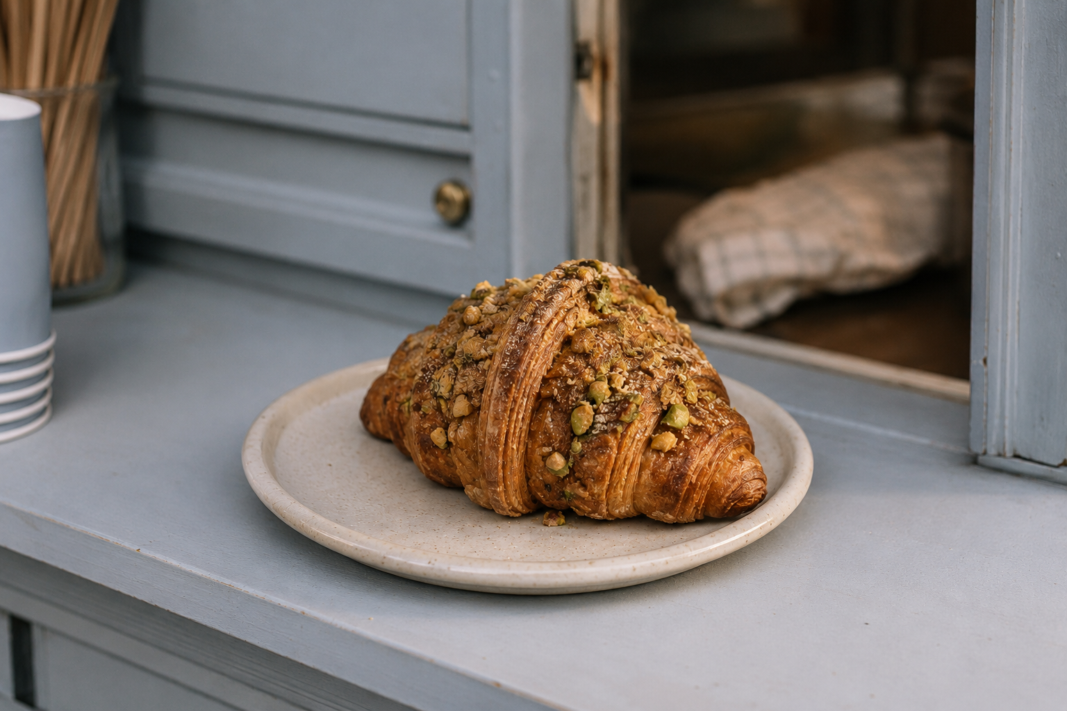Two croissants topped with chopped nuts on a beige plate, placed on a light blue countertop near a gray cabinet.