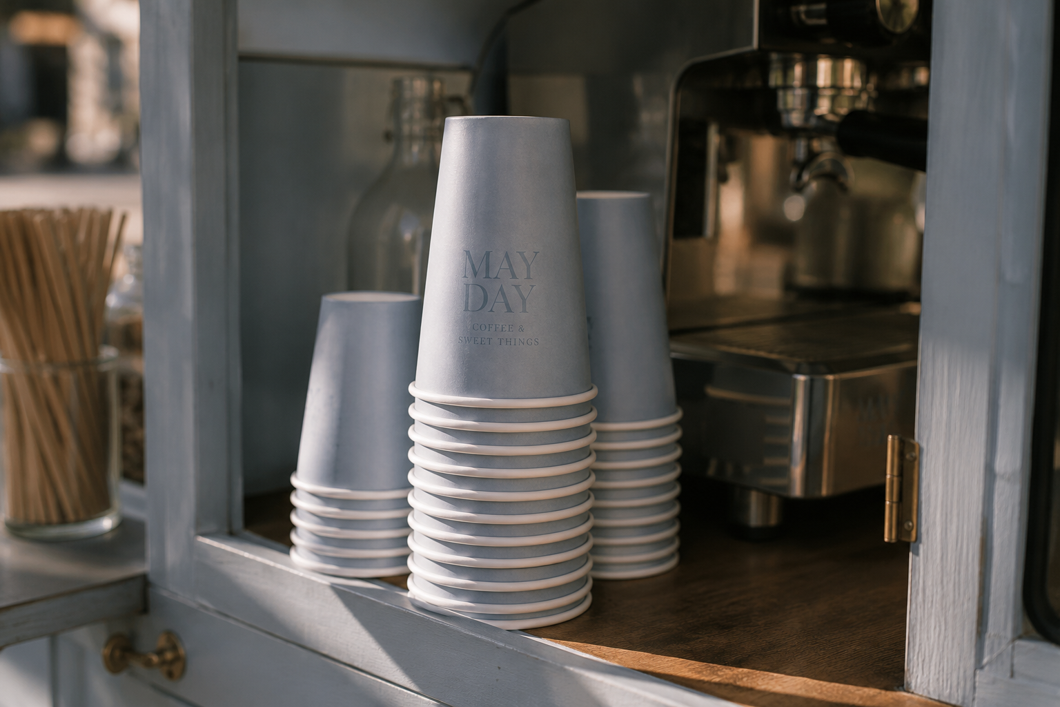 Stacked paper cups inside a wooden coffee cart, with the top cup labeled 'MAY DAY COFFEE & SWEET THINGS' next to a coffee machine.