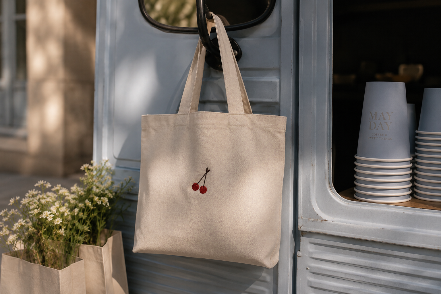 A beige canvas tote bag with embroidered cherries hanging on a hook outside a vintage blue fridge, beside a paper bag filled with white flowers and a stack of paper cups with gold lettering that says 'MAY DAY'.