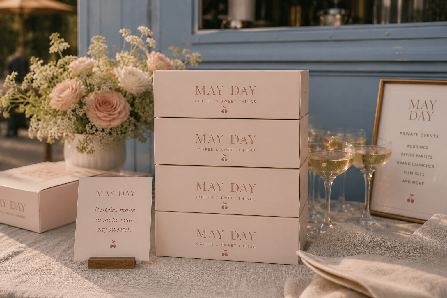 A table display at a May Day event with pastel pink boxes labeled "MAY DAY COFFEE & SWEET THINGS," a framed menu, a bouquet of pink and white flowers, glasses of sparkling white wine, and a sign that says "Pastries made to make your day sweeter."