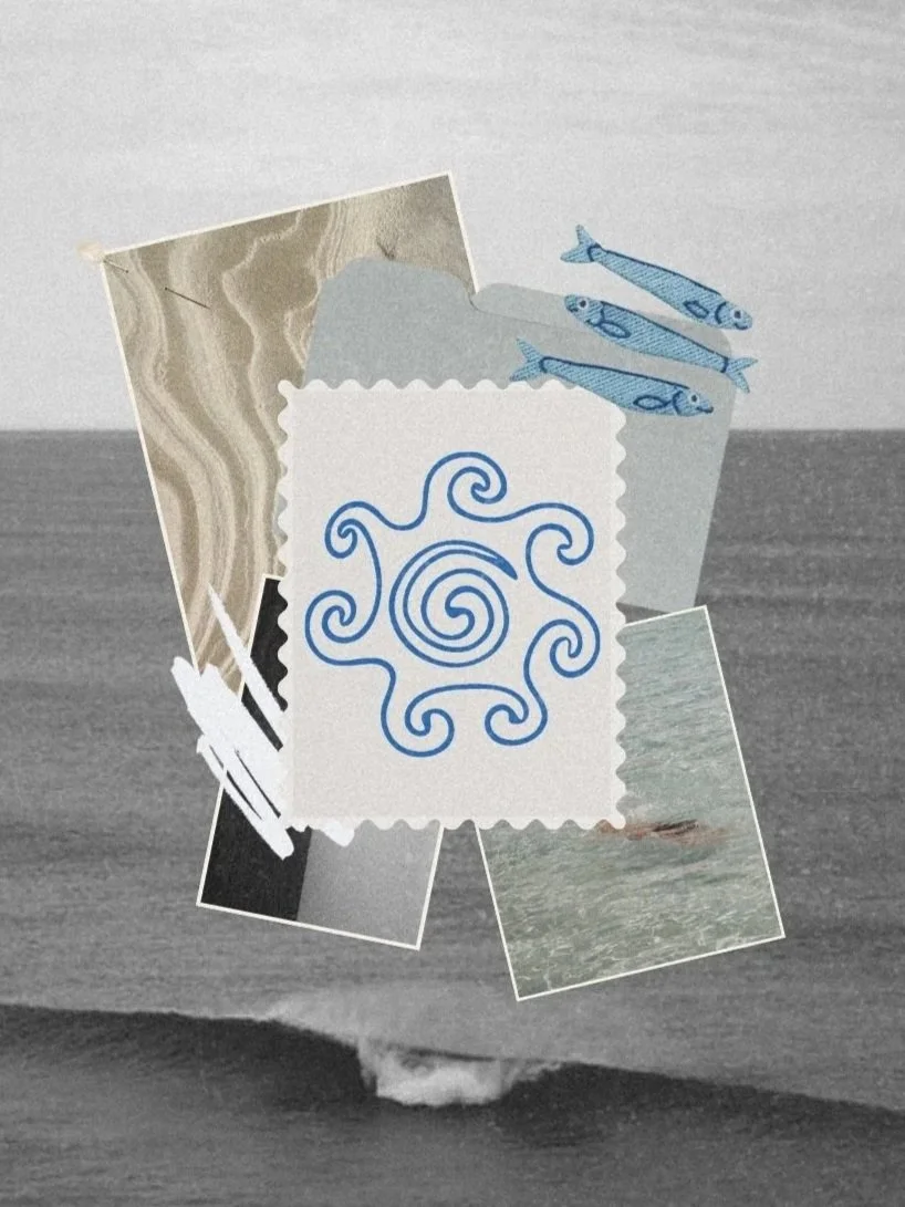 Collage of beach-themed photos and illustrations, including fish, ocean waves, and a spiral design, with a black-and-white surf scene in the background.