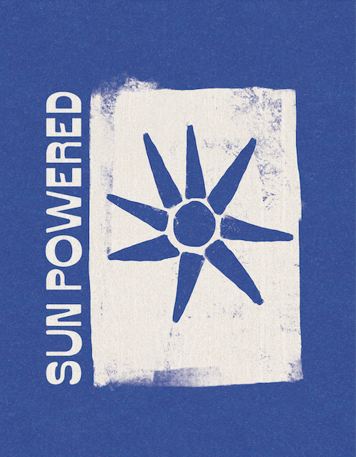 A blue background with white text reading "SUNPOWERED" and a white rectangular area with a blue sun symbol with eight rays.