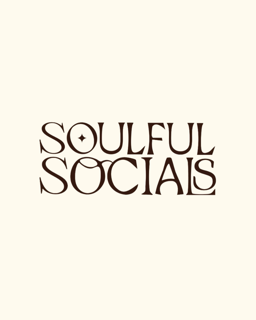 Logo design with the words 'Soulful Socials' in stylized black lettering on a cream background.