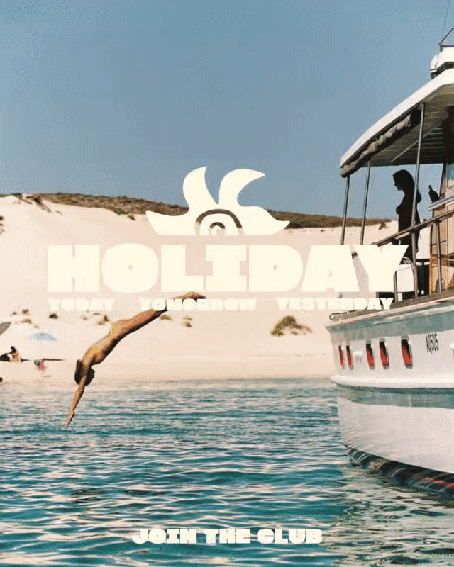 A person diving into water next to a boat at the beach with sand dunes in the background. Overlaid text reads 'Holiday Today, Tomorrow, Yesterday. Join the Club.'