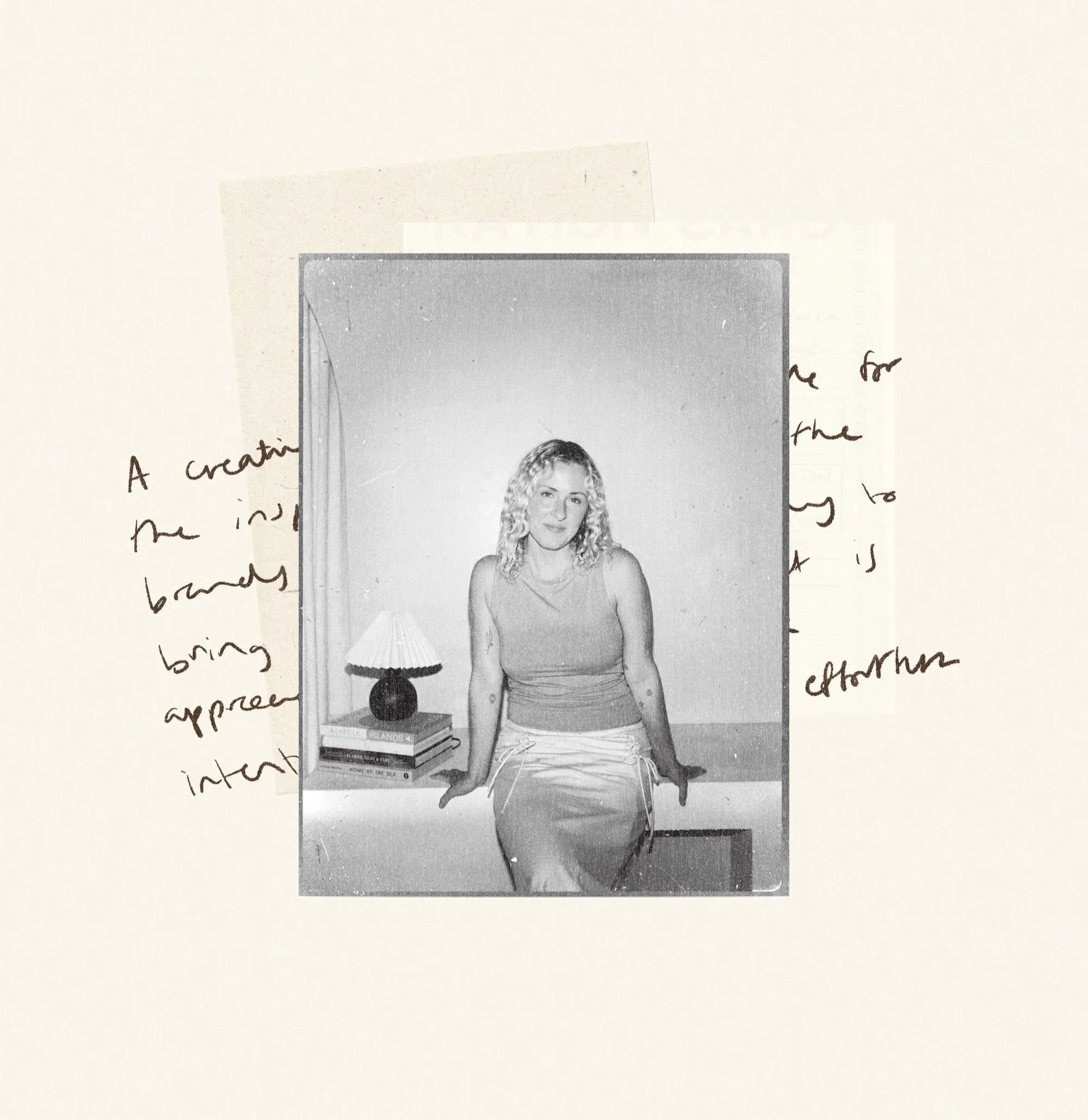 Black and white photograph of a woman sitting on a chair, with a stack of books and a small lamp on a side table beside her. There are handwritten notes around the photograph on the paper.
